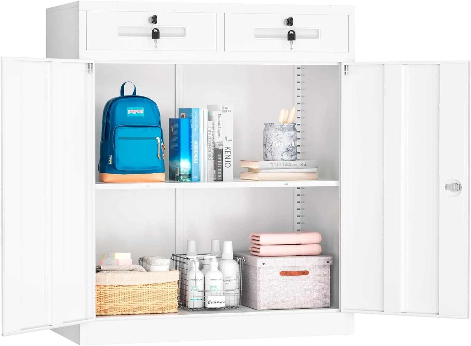 Superday Locking Metal Storage Cabinet with 2 Drawers, Lockable Garage Storage Cabinet with Locking Doors and Adjustable Shelves, Tool Cabinets for Home Office, School, Etc - Image 11