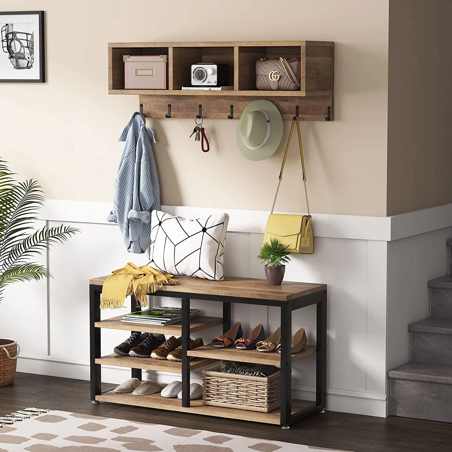 Entryway Coat Rack and Shoe Bench Set, Industrial Hall Tree with Coat and Shoe Storage - Image 5