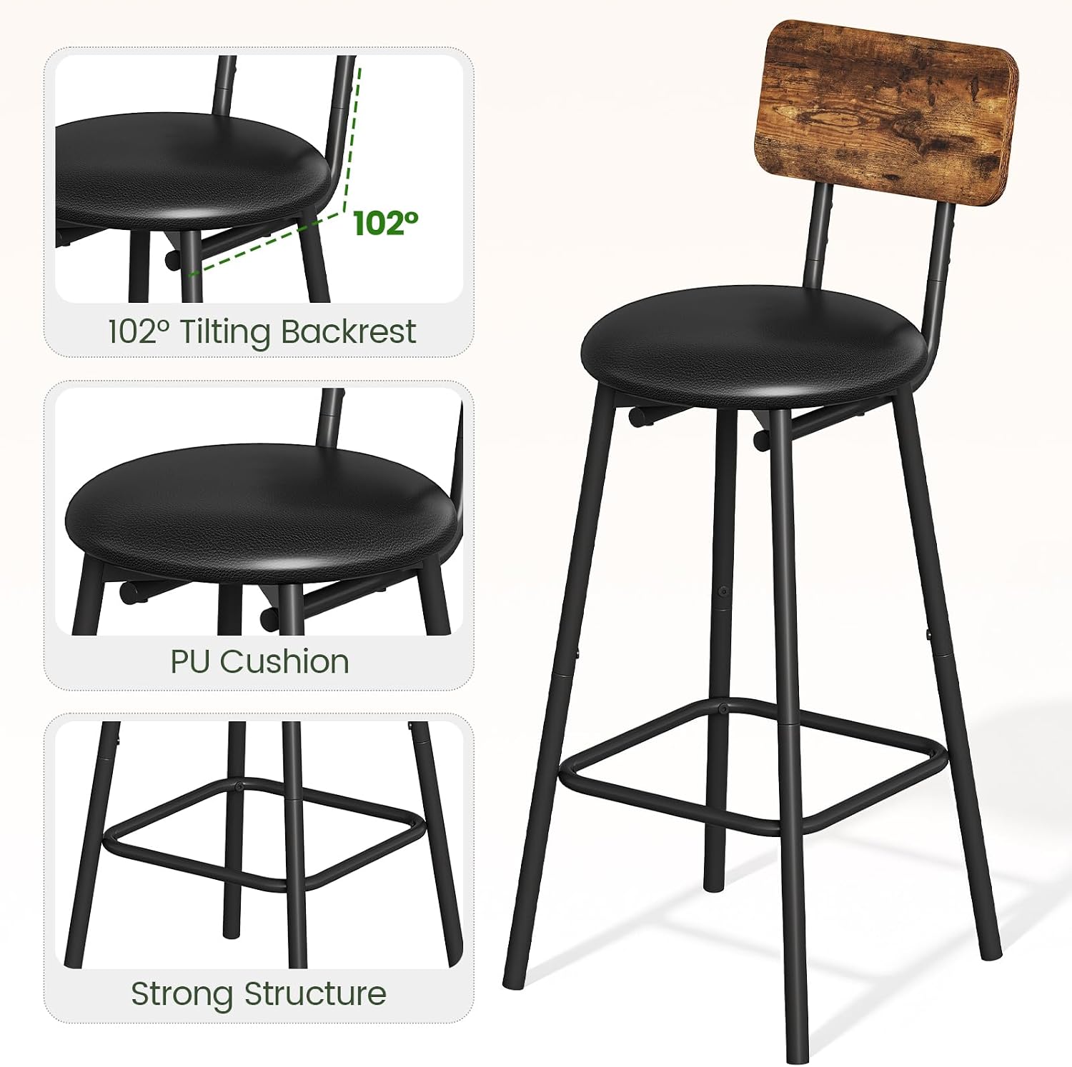 Bar Table and Chairs Set, Counter Height Table and Chairs with X-Shaped Supports, 1 Pub Table and 2 Chairs, for Dining Room, Living Room, Home Bar, Rustic Brown and Black - Image 7
