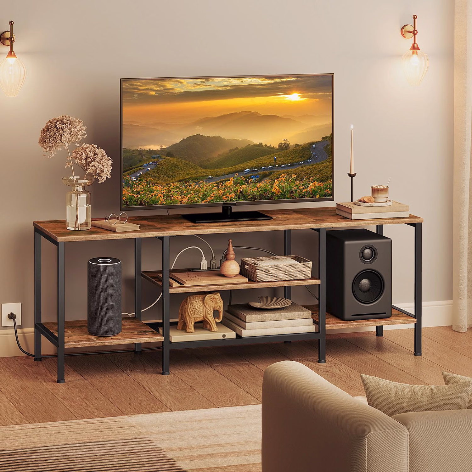 TV Stand with Power Outlets to 75 Inches, TV Console Table with Open Storage Shelves Cabinet, Industrial Media Entertainment Center for Living Room Bedroom, Rustic Brown and Black BF80DS01 - Image 3