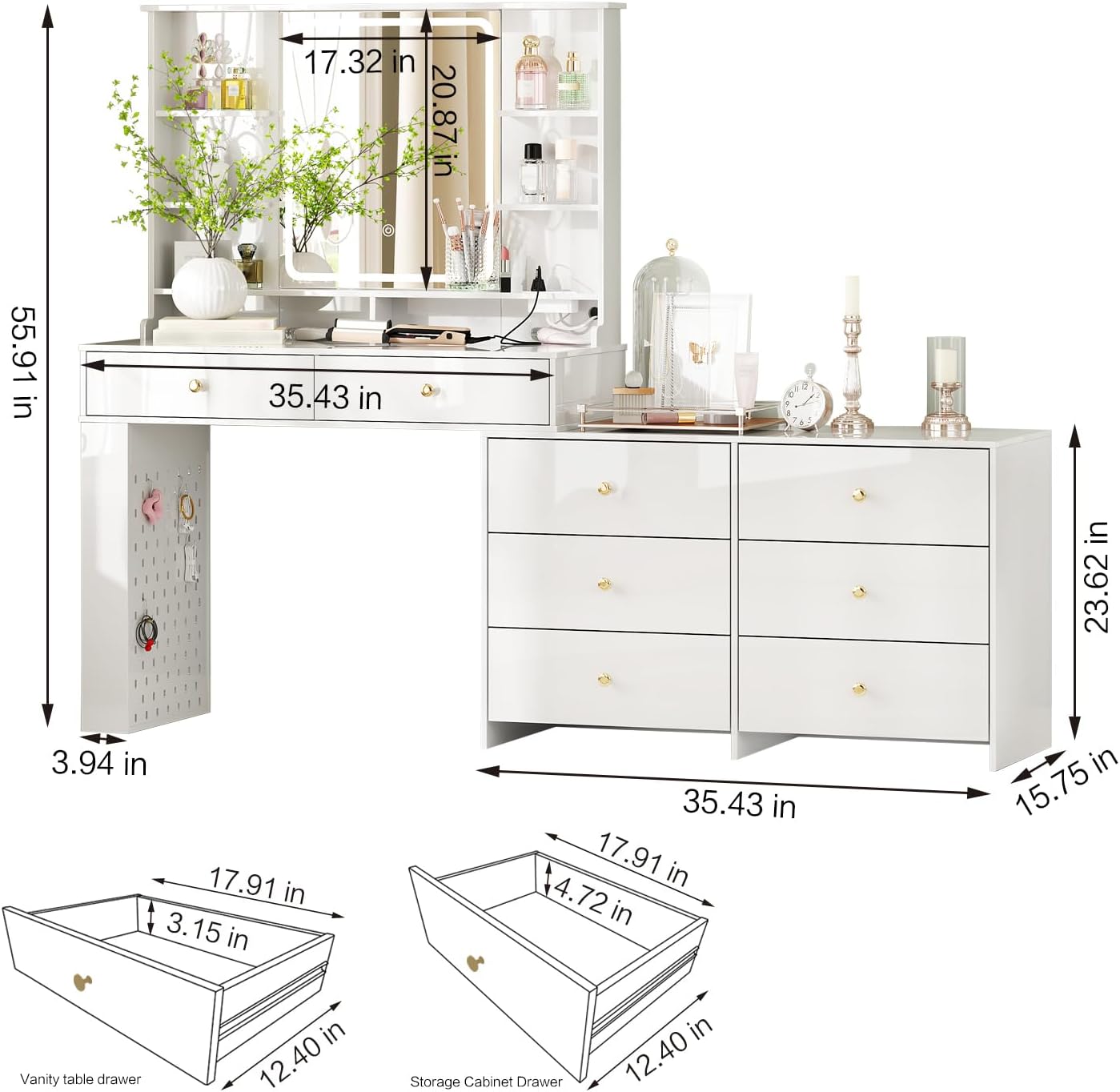 Makeup Vanity Desk with Mirror and Lights, Vanity Desk with 8 Drawers & Storage Shelves, Vanity Table with Power Outlet, 3 Color Modes & Adjustable Brightness Dressing Table, Bedroom, White - Image 2