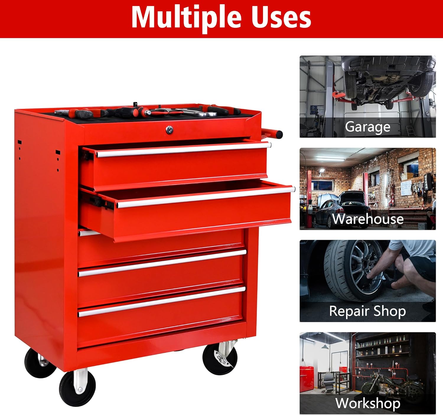 DSstyles Tool Chests, 5-Drawer Rolling Tool Storage Cabinet with Detachable Tray, Multi-Functional Handles, Adjustable Shelves, Secure Locking System, Heavy-Duty Wheels, Ideal for Garage, Workshop - Image 6
