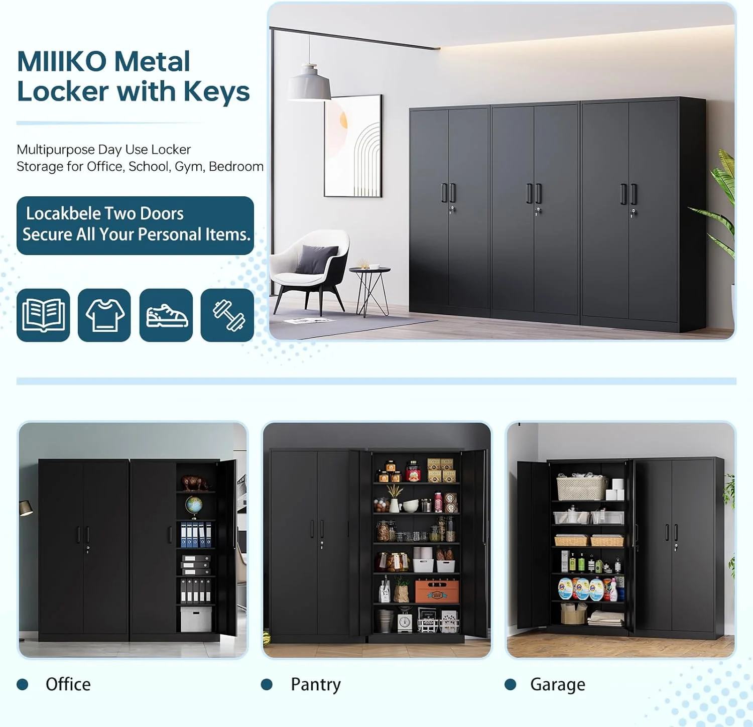 MIIIKO Metal Storage Cabinet with Locking Doors, Black Garage Lockable Steel Cabinets with 4 Doors and 5 Shelves for Home, Garage, Pantry Workshop Warehouse - Image 14