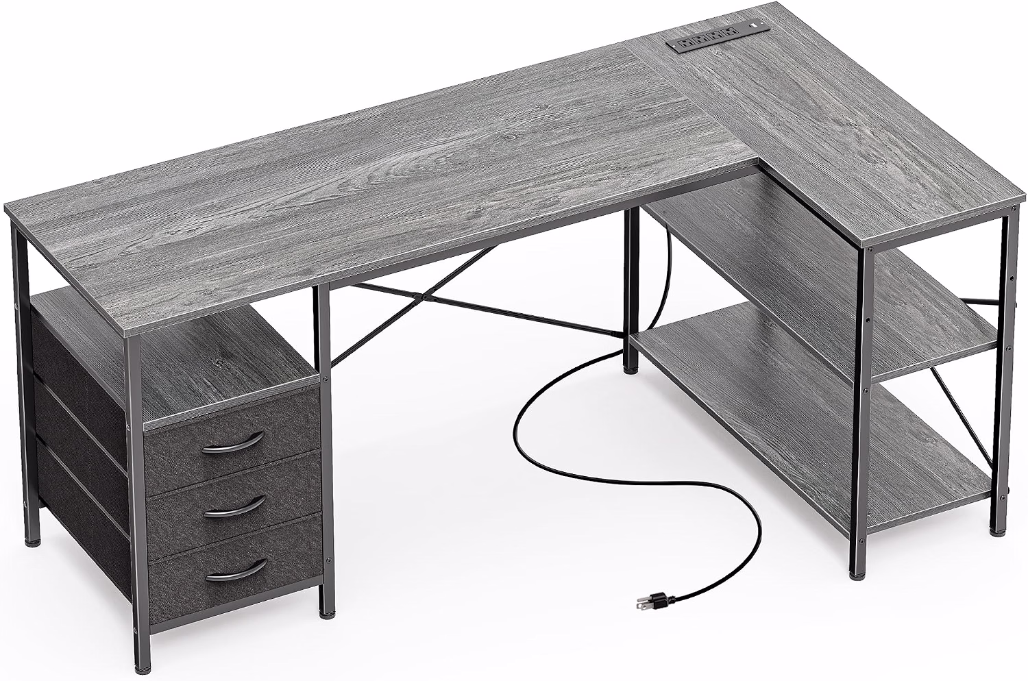 L Shaped Office Desk with Power Outlets & 3 Drawers - Image 2