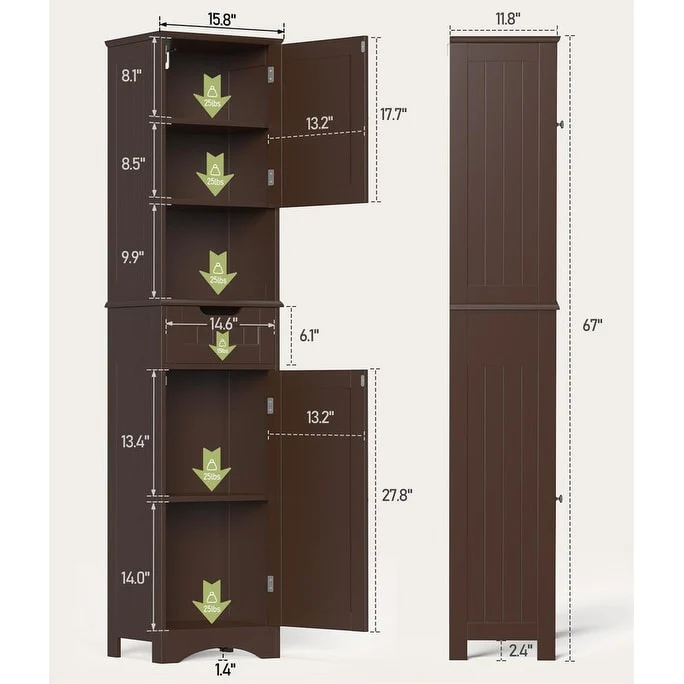 67 Inch Tall Narrow Bathroom Linen Cabinet, 5-Tier Solid Wood Freestanding Storage Cabinet - Image 4