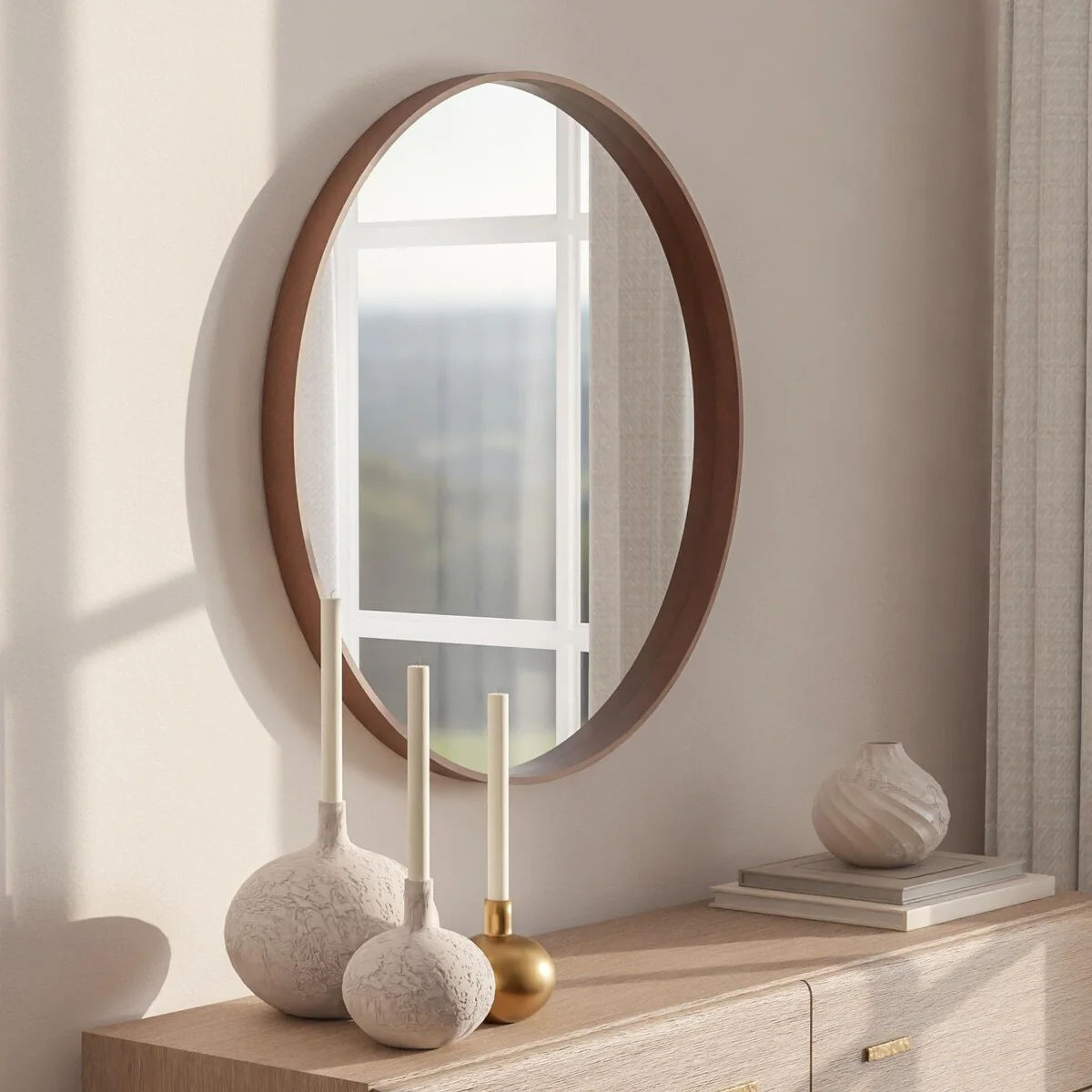 Classic Farmhouse Round Wall Mirror, Wooden Frame Decorative Accent Mirror for Living Room, Bedroom and Entryway - Image 80