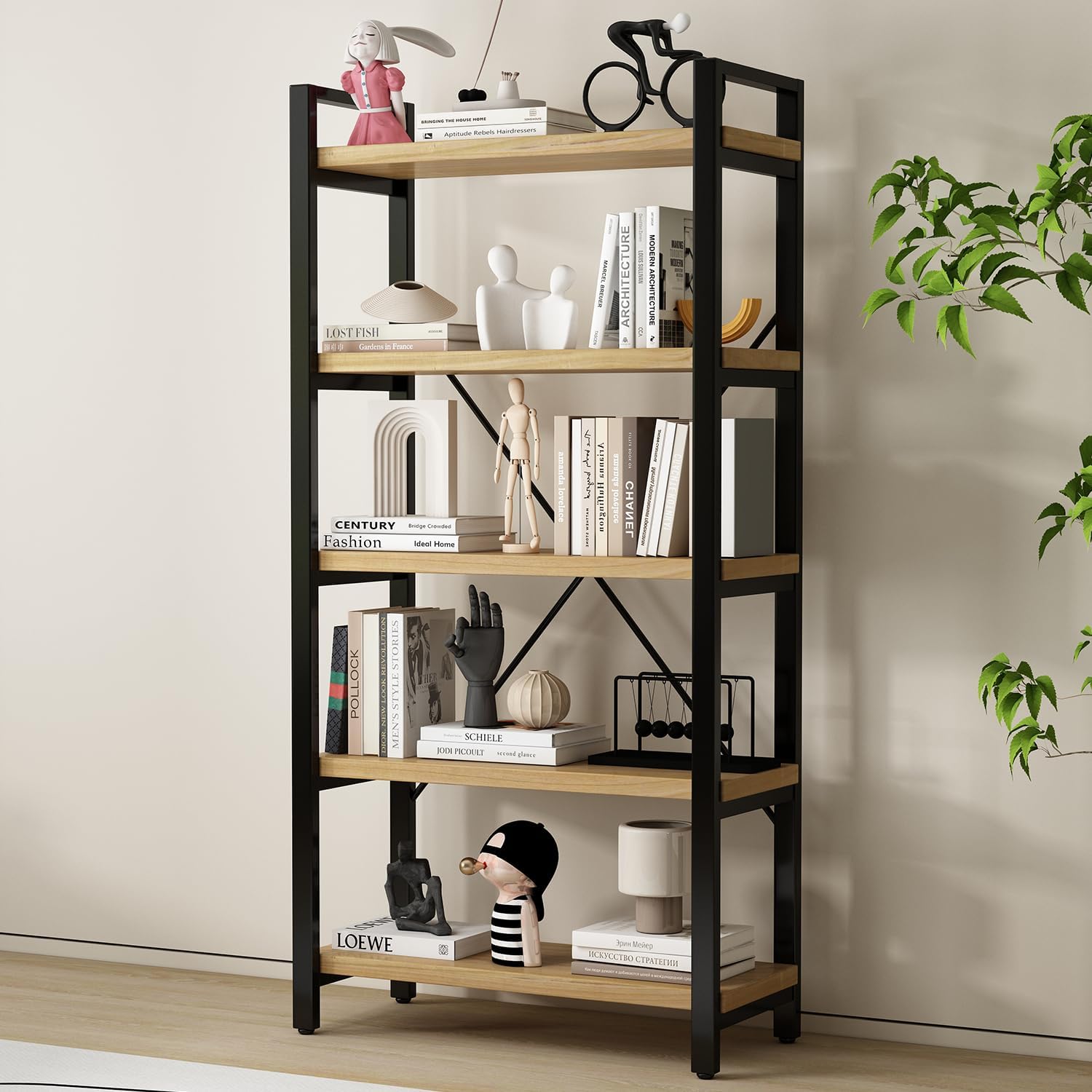 5-Tier Bookcase, Rustic Vintage Industrial Etagere Bookshelf, Solid Wood & Metal Freestanding Bookcase, Retro Brown - Image 6