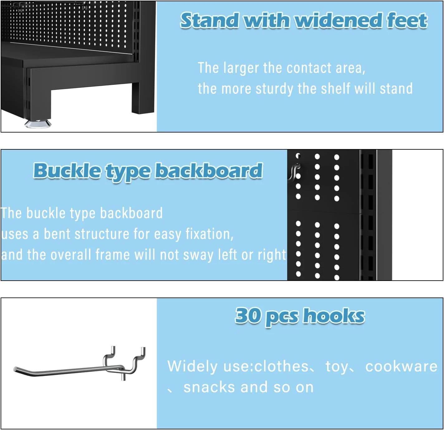 Ztysn Metal Pegboard Stand Shelf,with 30 Hooks,85x36x13 in,Garage Tool Storage Pegboard Organizer Retail Display Rack for Craft Shows,Exhibition Hall/Black - Image 4
