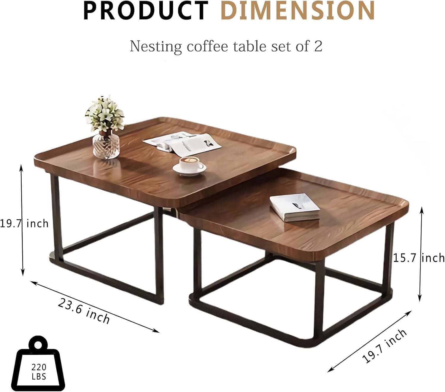 Nesting Coffee Table Set of 2, 23.6"+19.7" Nesting Tables - Image 2