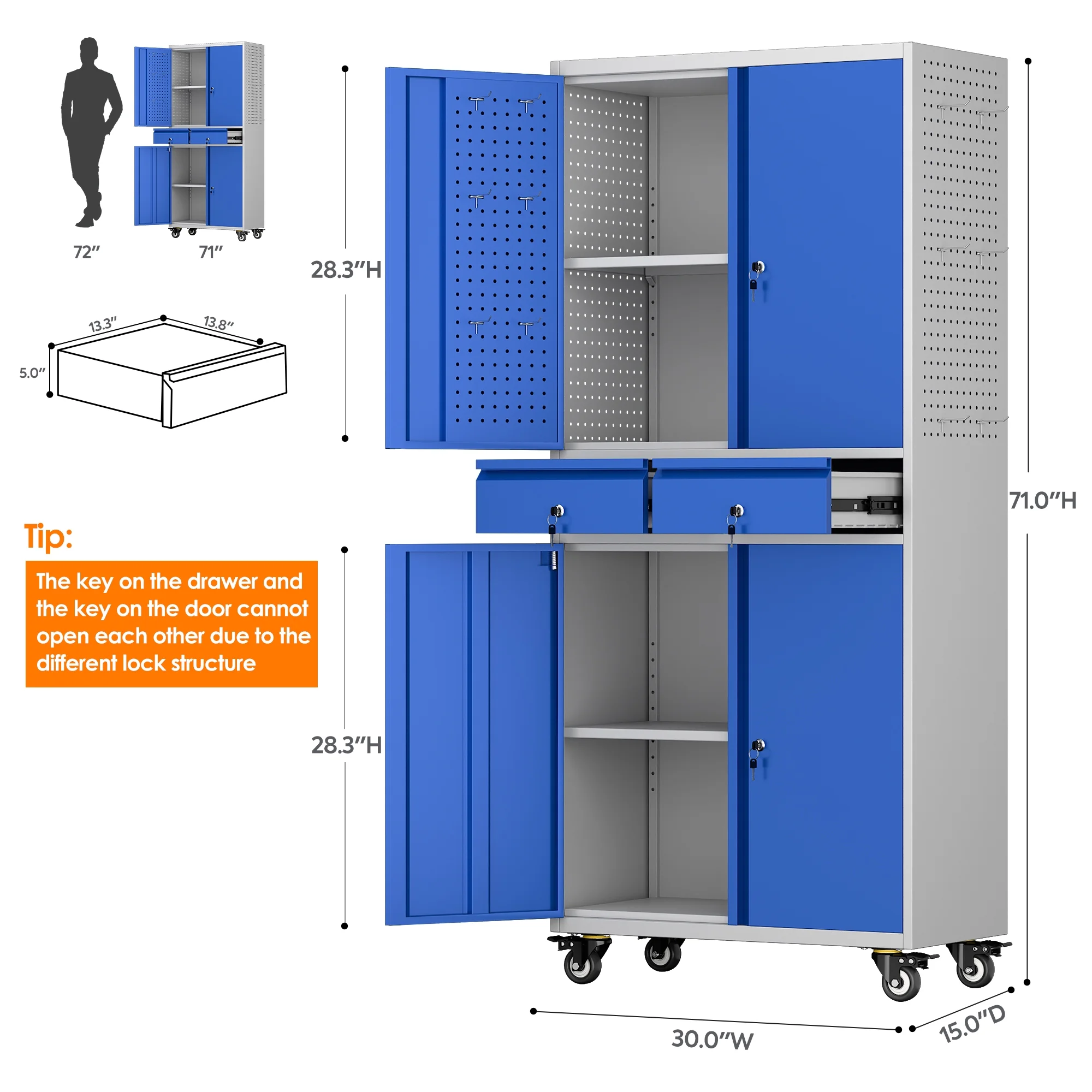 SUPEER 71" Metal Storage Cabinets with Wheels and Pegboards, Industrial Cabinet with 2 Drawers and 2 Adjustable Shelves,, Assembly Required - Image 66