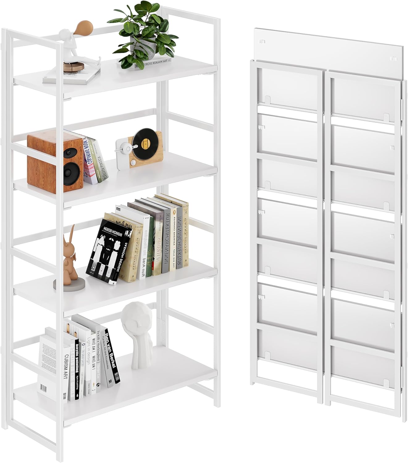 Vintage Multifunctional Folding Bookshelf, No-Assembly Plant Stand Storage Rack Shelves for Home Office (White, 5-Tier) - Image 4