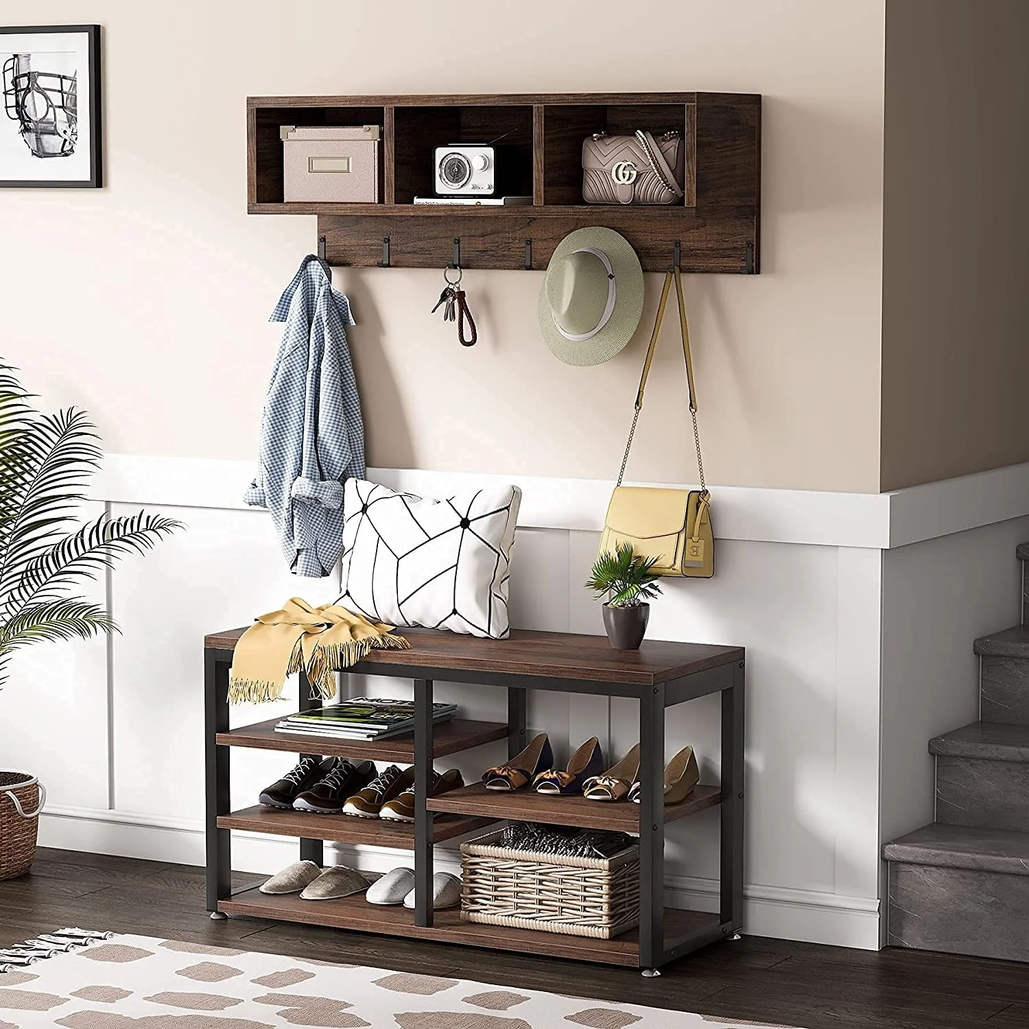 Entryway Coat Rack and Shoe Bench Set, Industrial Hall Tree with Coat and Shoe Storage - Image 13