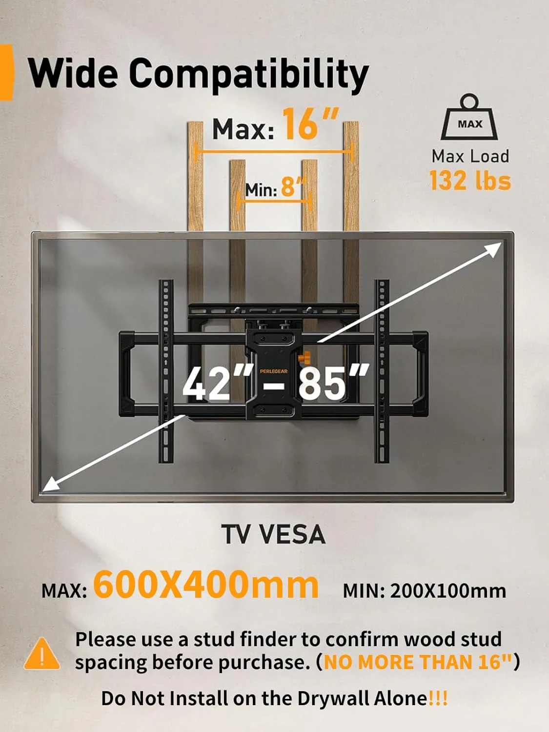 Full Motion TV Wall Mount for 42-85 Inch TVs, Adjustable Swivel Tilt Bracket for Flat Screen Televisions - Image 2