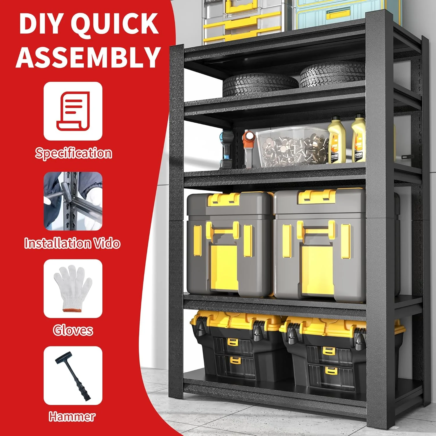 Garage Shelving, Garage Storage Shelves, 2500 LBS Heavy Duty Adjustable Metal Garage Shelves, Easy Assembly, Shelves for Garage Storage, Warehouse, Basement, Black - Image 21