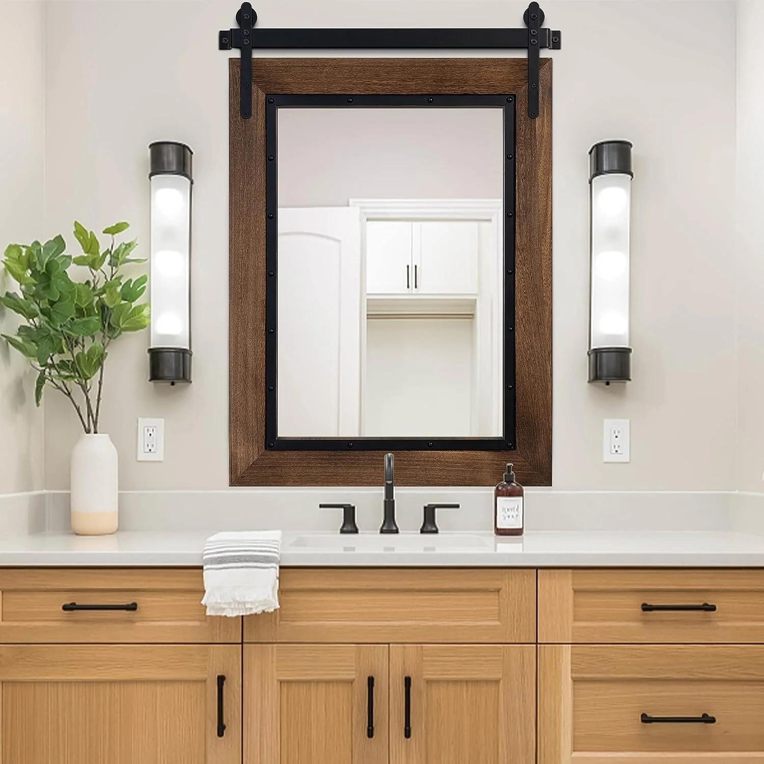 Farmhouse Barn Door Style Bathroom Vanity Mirror, Natural Wood Wall Mirror for Bathroom, Bedroom and Entryway - Image 7
