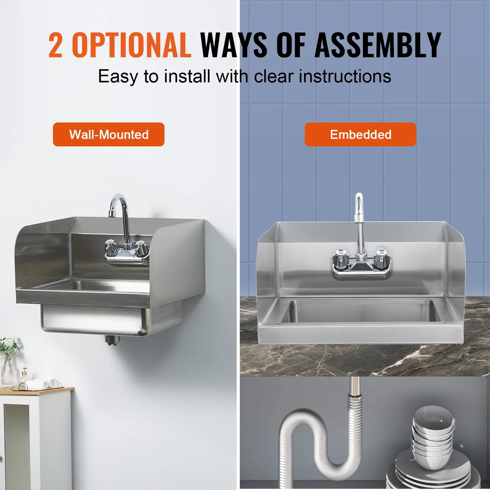 KFFKFF Industrial Hand Basin with Tap and Side Guard, Steel Basin for Cleaning, Compact Hand Cleaning Basin, Wall-Fitted Washbasin for Diner, Garage and Residence, 17x12.8 inch - Image 5