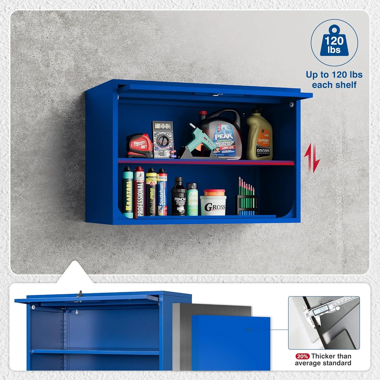 Metal Storage Cabinet Blue Wall Cabinets with Shelf and Locking Door - Wall Mounted Storage Cabinet for Garage Warehouse Home Office - Assembly Required - Image 5