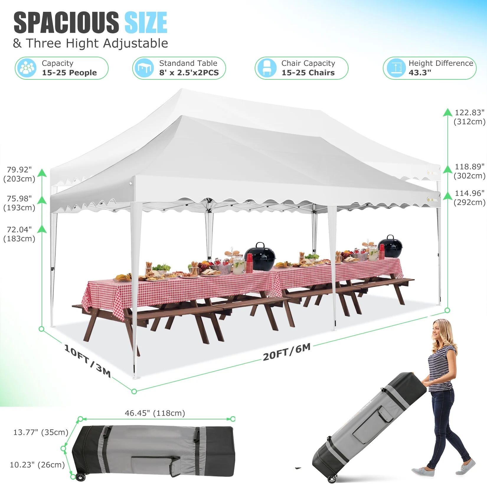 HOTEEL Canopy 10'x20' Pop Up Canopy Tent Heavy Duty Waterproof Adjustable Commercial Instant Canopy Outdoor Party Canopy Parties,Wedding,Outside Patio,Event,Backyard,White - Image 4