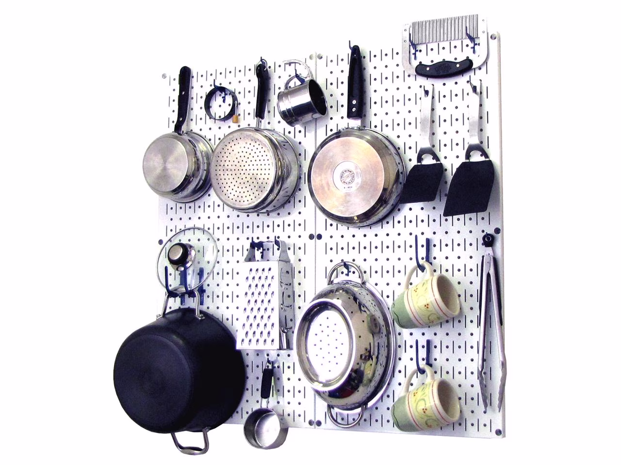 Wall Control Kitchen Pegboard Organizer Pots and Pans Pegboard Pack Storage and Organization Kit with White Pegboard and Blue Accessories