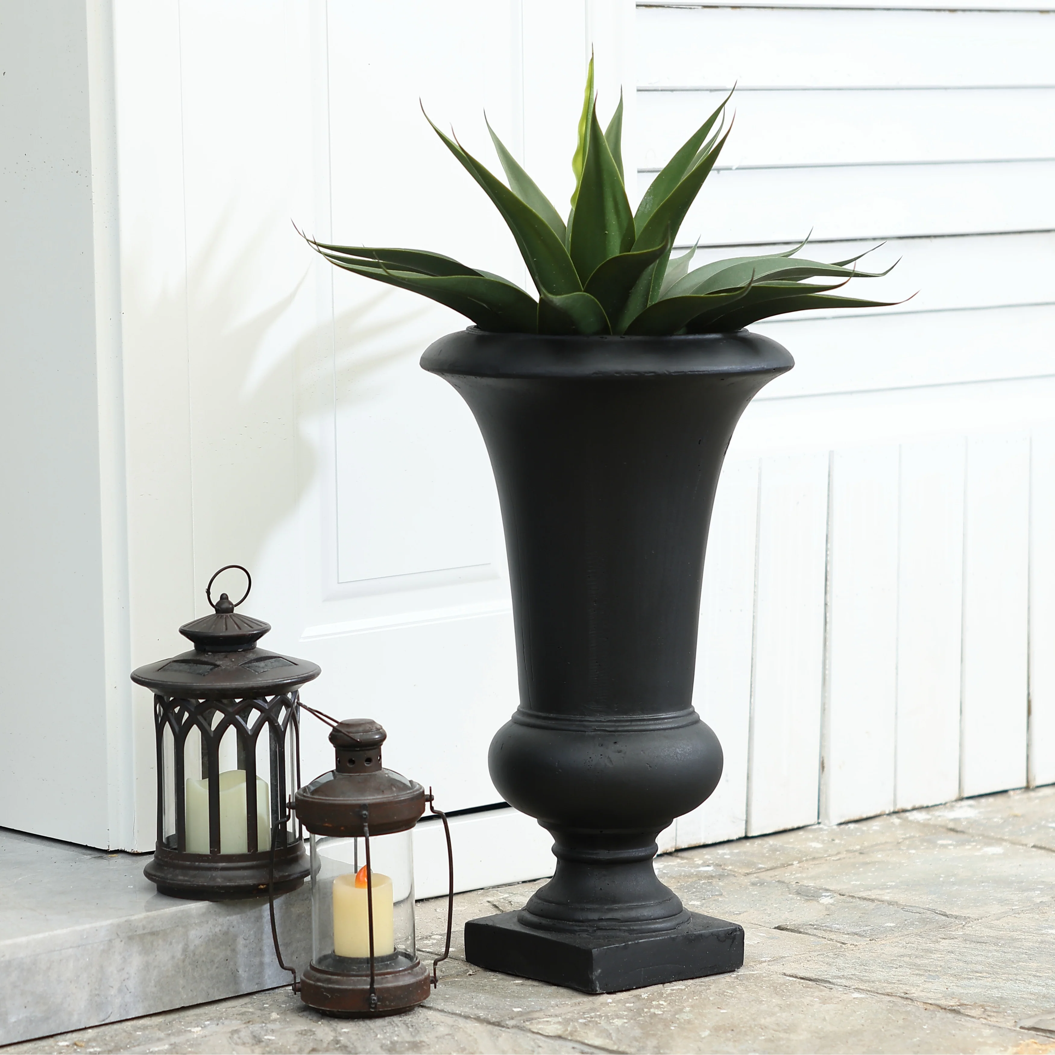 22.75" Tall Handmade Fiber Stone Urn Planter Pot, Decorative Outdoor Garden Flower Container for Patio and Home - Image 3