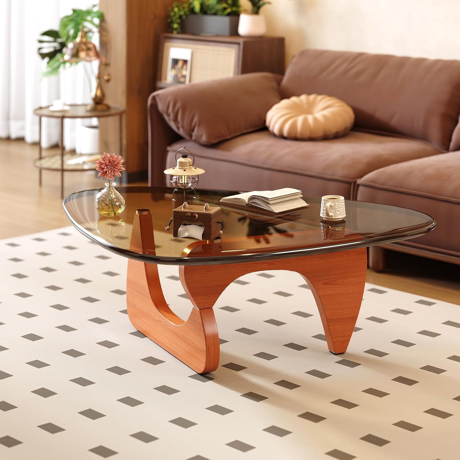 Coffee Table for Living Room Mid Century Modern Center Table with Glass Top and Wood, 32 Inch, Brown/Walnut - Image 5