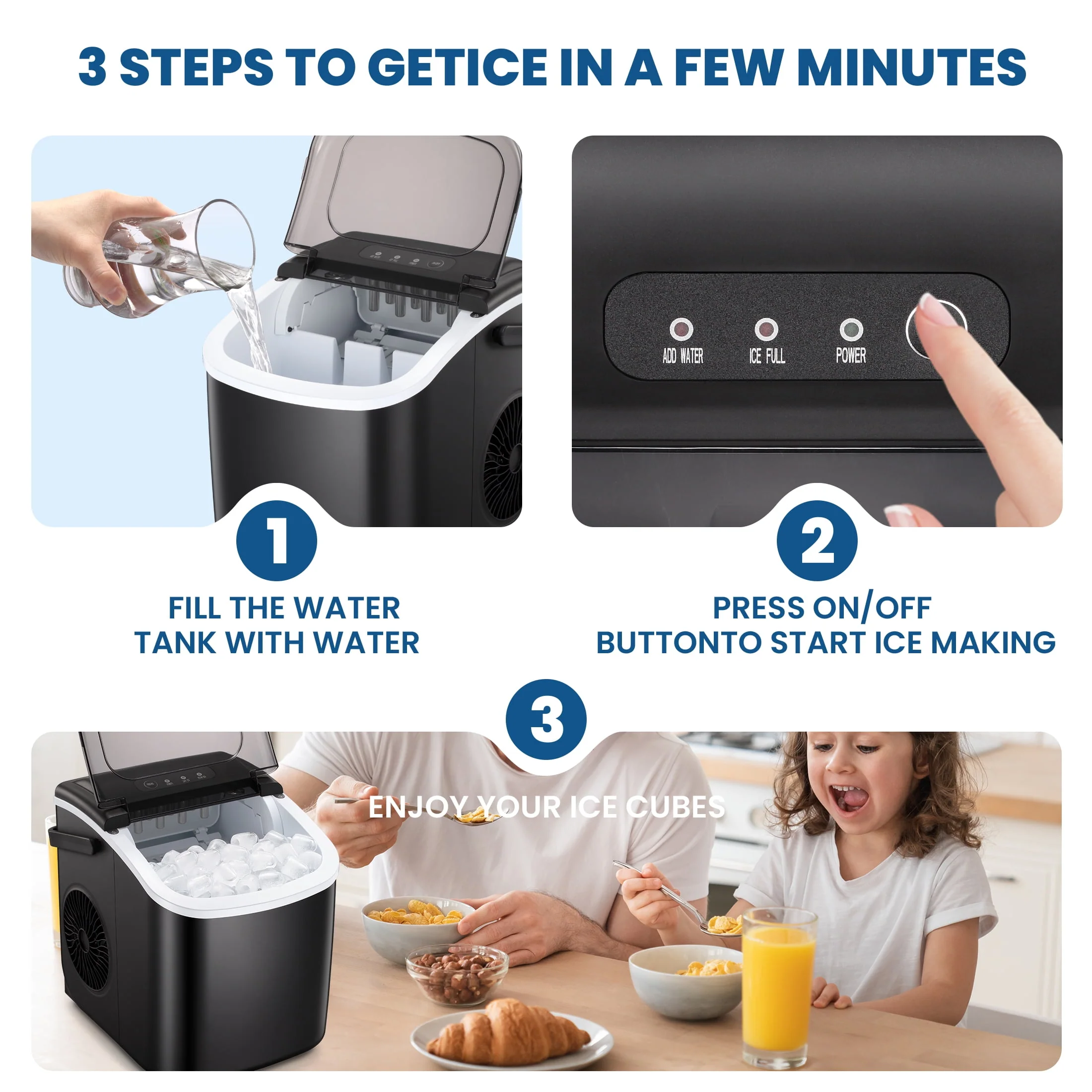 KISSAIR Countertop Ice Maker, Self-Cleaning Portable Ice Maker Machine with Handle, 9 Bullet-Shaped Ice Cubes Ready in 6 Mins, 26Lbs/24H with Ice Scoop and Basket for Home/Kitchen/Party - Image 7