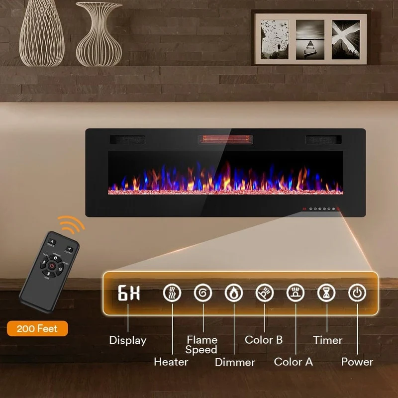 Recessed Electric Fireplace Heater, Wall Mounted 750-1500W Fireplace with Remote Control - Image 12
