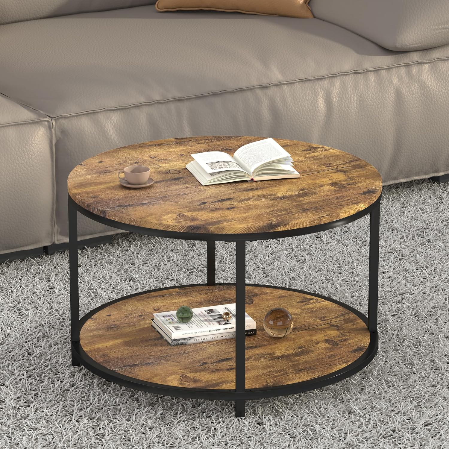 Round Coffee Table, 36" Coffee Table for Living Room, 2-Tier Rustic Wood Desktop with Storage Shelf, Modern Design Home Furniture (Light Walnut) - Image 3