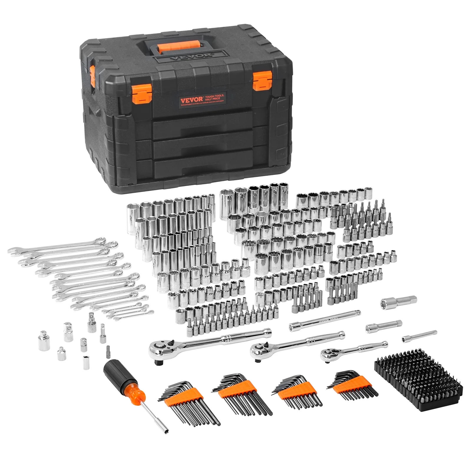 VEVOR Mechanics Tool Set and Socket Set, 1/4" 3/8" 1/2" Drive Deep and Standard Sockets, 450 Pcs SAE and Metric Mechanic Tool Kit with Bits, Hex Wrenches, Combination Wrench,Accessories,Storage Case - Image 9