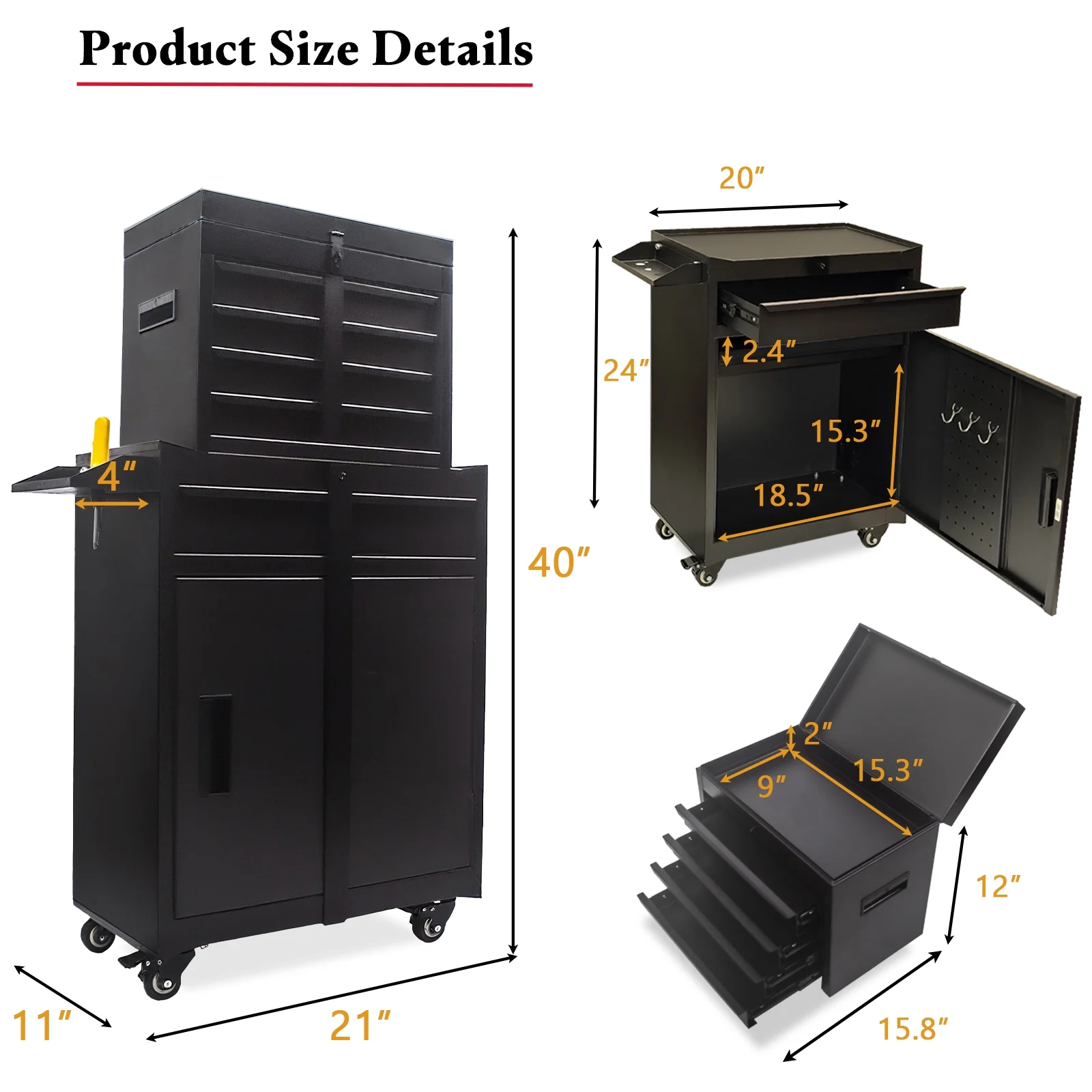 Rolling Tool Chest, 5 Drawers with Big Cabinet, Tool Trolley with 4 Universal Lockable Wheels and Lock Bar, Great Black Tool Cart for Garage Workshop, Sturdy Heavy Duty Tool Storage, Easy Assemble - Image 4