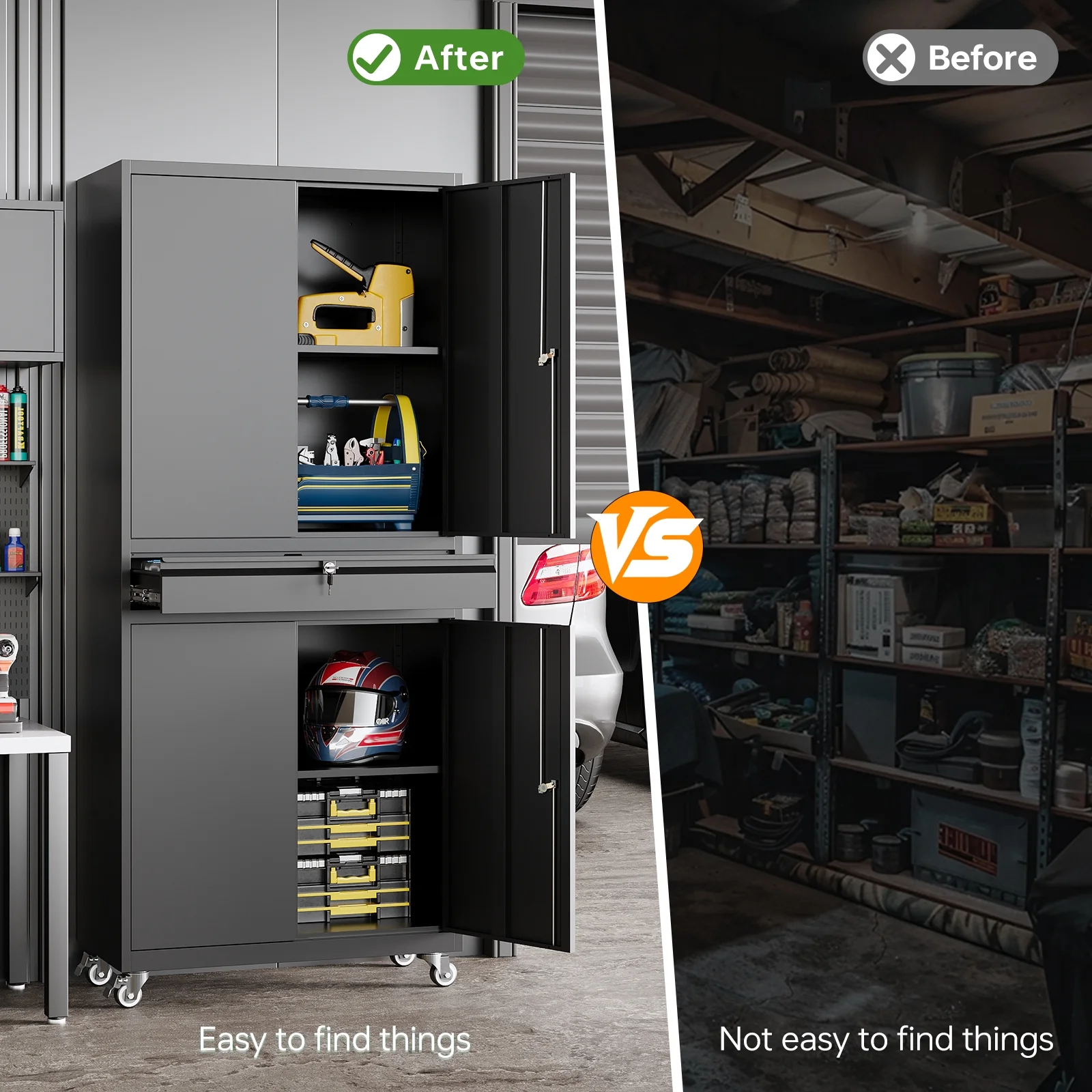 STANI Metal Garage Storage Cabinets with Drawer, 4 Doors Tool Storage Cabinet with 2 Adjustable Shelves, 73"H Rolling Steel Locking Cabinet for Garage Utility Room Home Office (Black, 4 Wheel) - Image 9