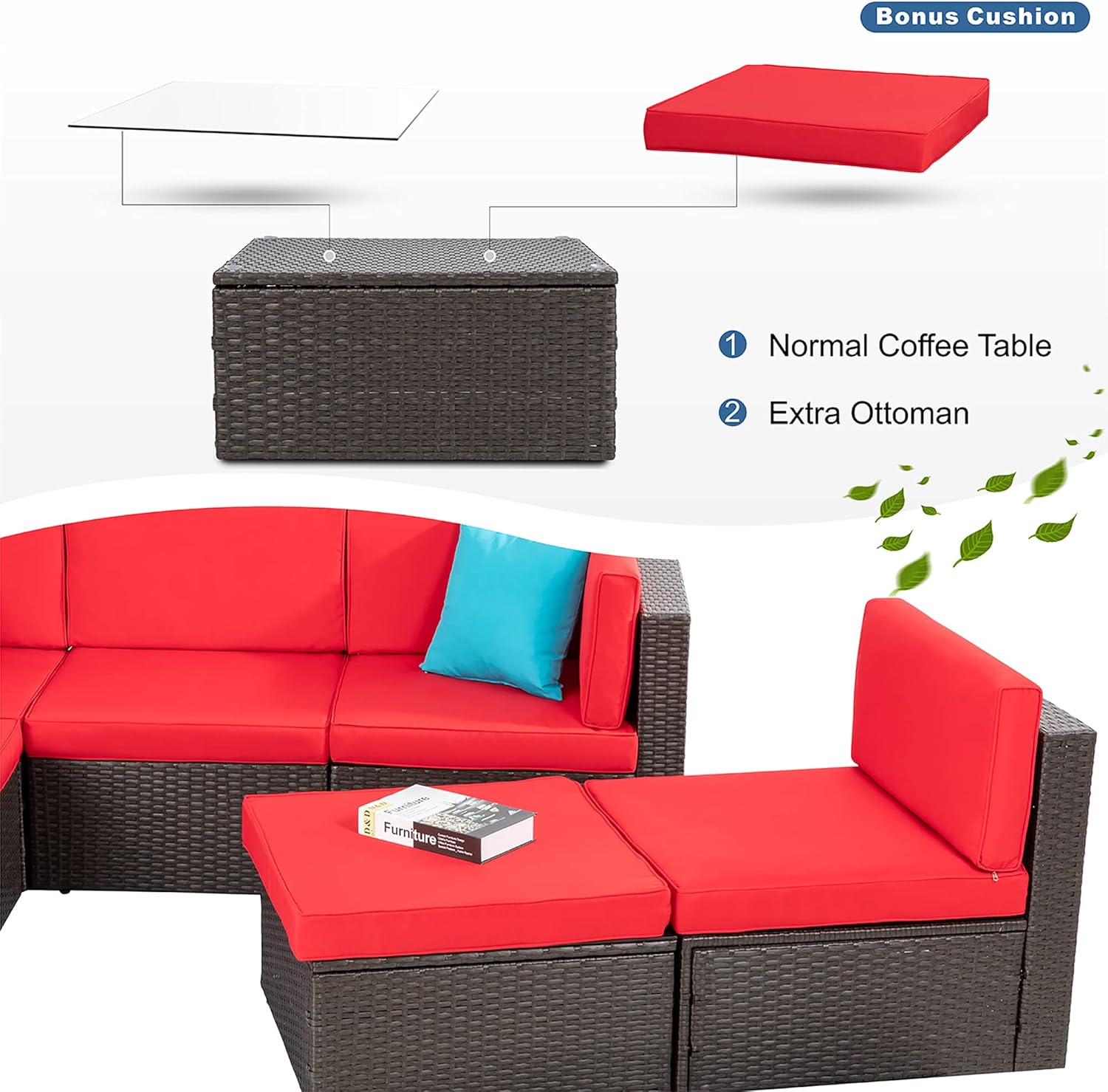 5-Piece All-Weather Patio Furniture Set with Ottoman, Outdoor Wicker Conversation Sofa Set with Cushions for Garden, Deck & Backyard - Image 44