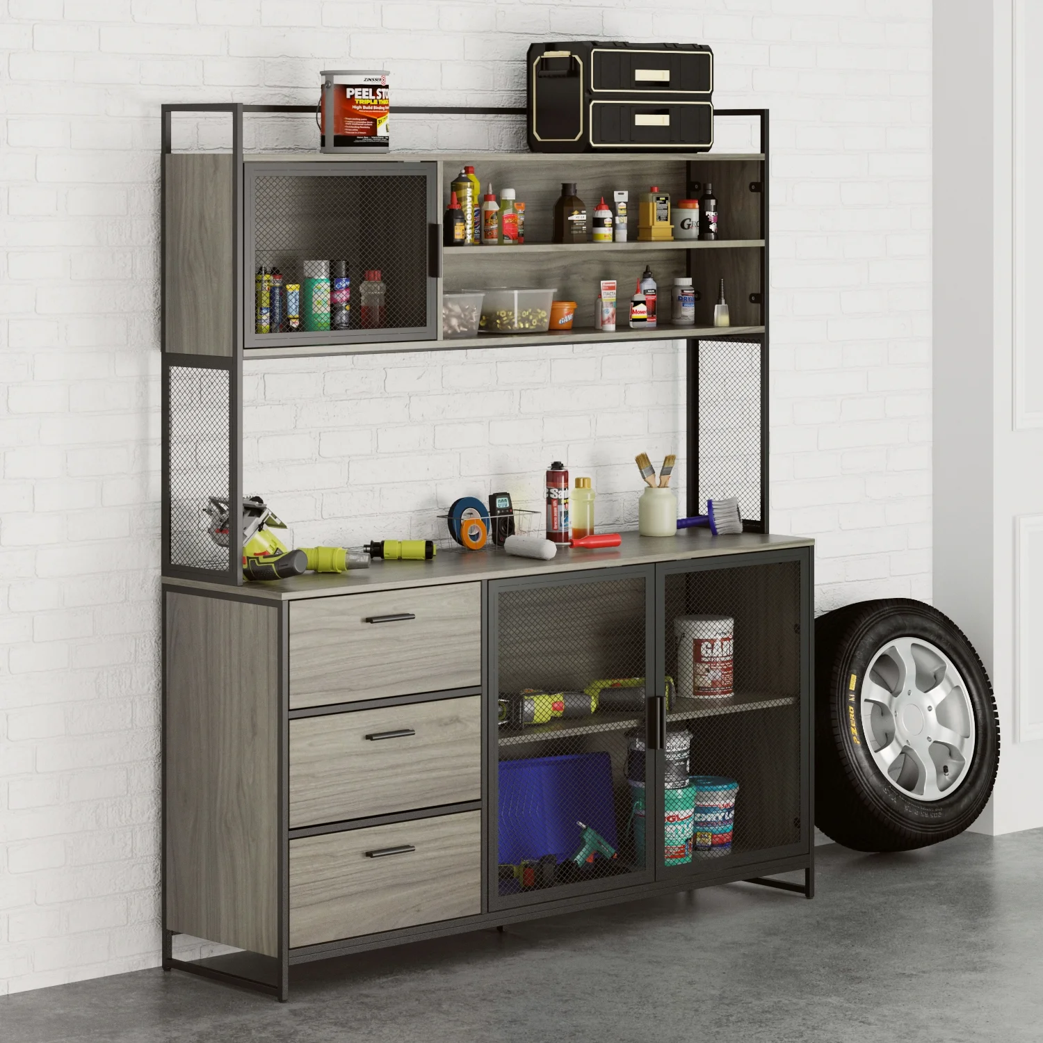 WIAWG Garage Cabinet with 3 Drawers and Metal Mesh Door, Industrial Mutifunctional Tool Storage Cabinet for Warehouse, Basement, Home Office (Walnut) - Image 19