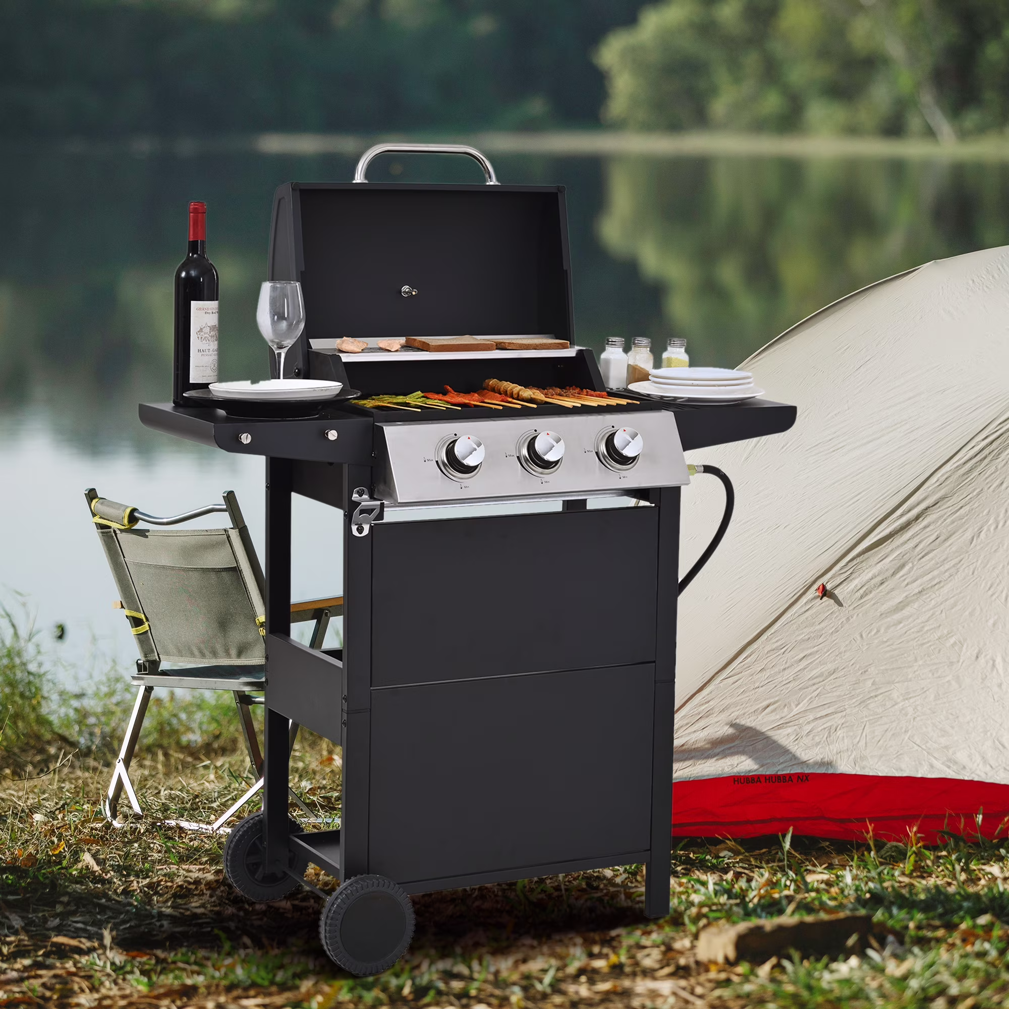 Qiushi 3-Burner Propane Gas Grill, 26,000 BTU Stainless Steel BBQ Grill with 2 Shelves & Thermometer, Outdoor Patio Grill with Electronic Ignition, Wheels & Bottle Opener -M?Durable & Even Heating