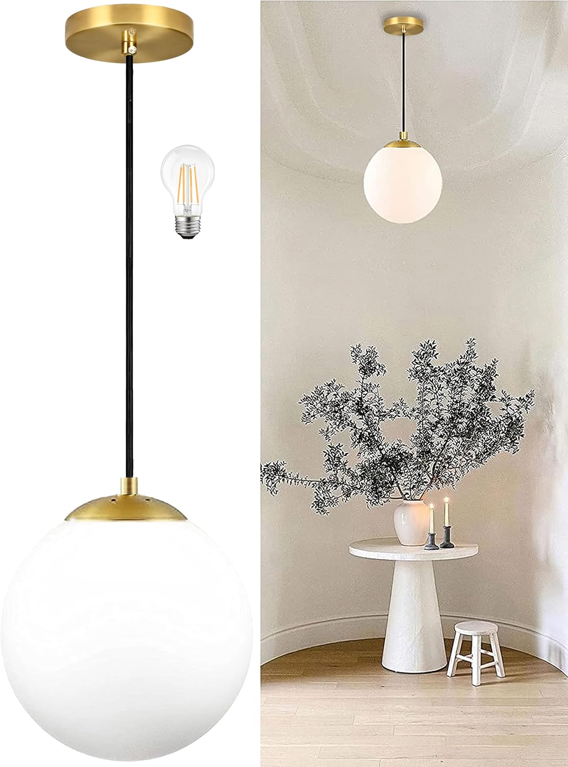 14" Gold Globe Pendant Light, Mid Century Pendant Light, Clear Glass Pendant Lights, Kitchen Island Adjustable Hanging Light Fixture for Dining Room, Bedroom, Kitchen Island - Image 13