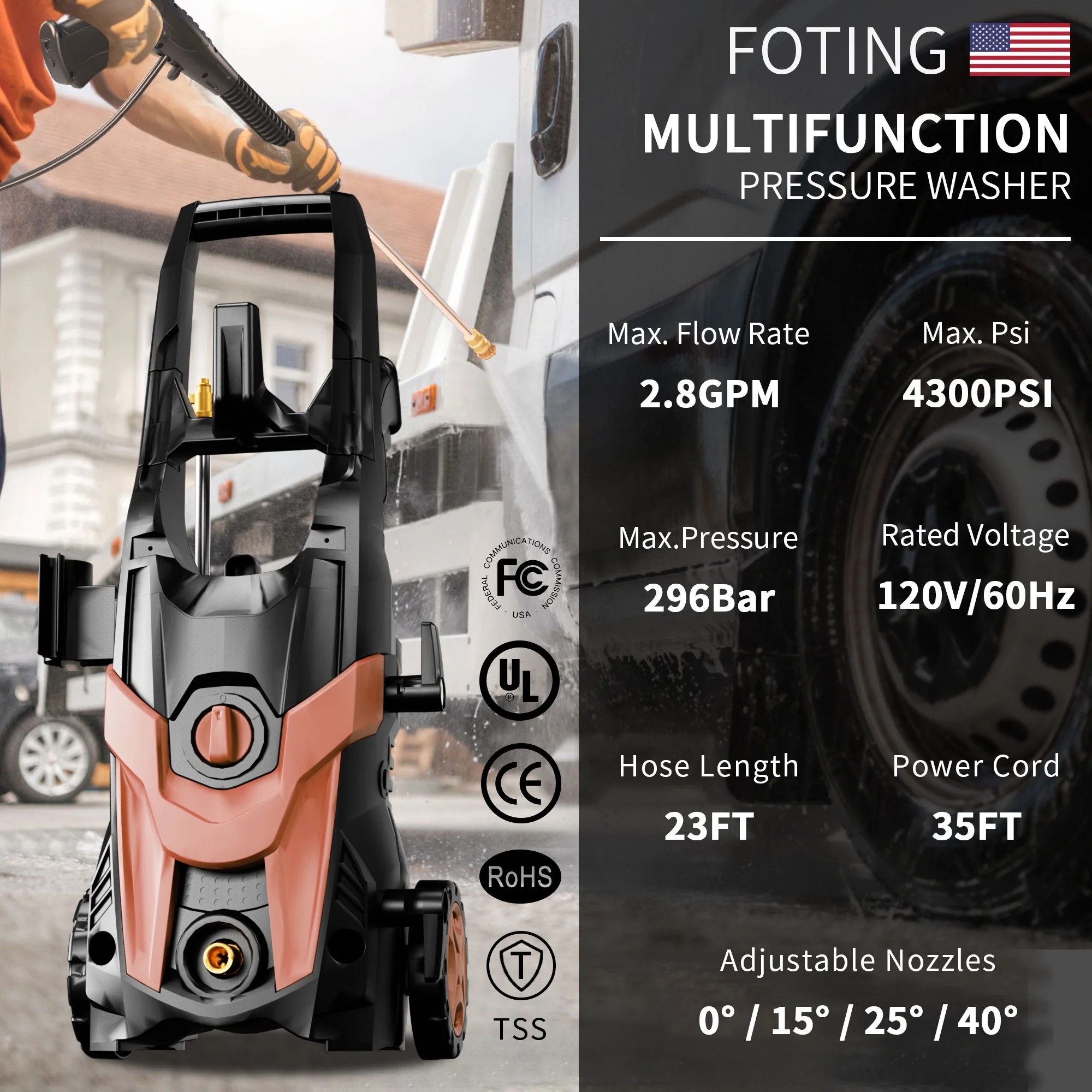 FOTING Electric Pressure Washer, 4500 PSI 3.2 GPM Power Washer with 4 Quick Connect Nozzles, High Pressure Cleaning Machine with Foam Cannon for Cars/Fences/Driveways/Patios/Home Cleaning - Image 16