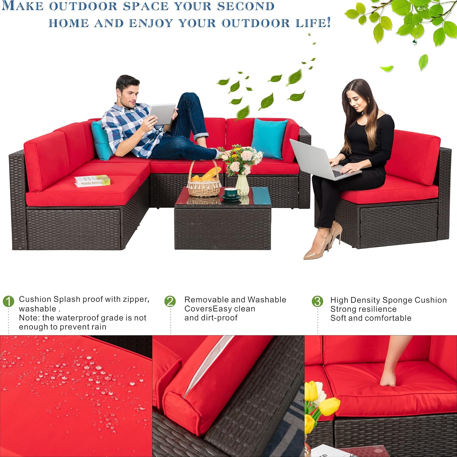 5-Piece All-Weather Patio Furniture Set with Ottoman, Outdoor Wicker Conversation Sofa Set with Cushions for Garden, Deck & Backyard - Image 56