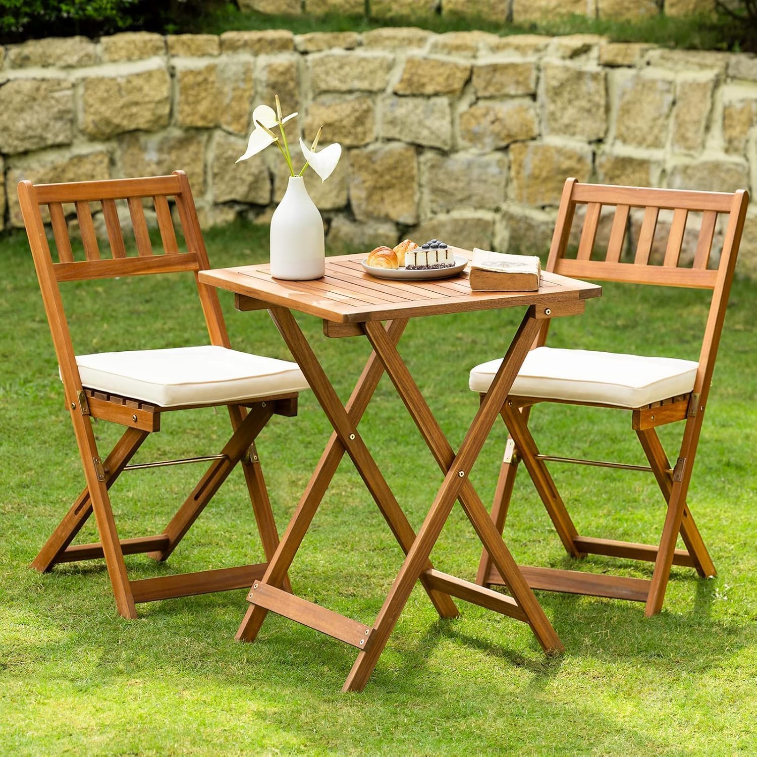 Heavy Duty 400lbs Capacity Patio Bistro Sets, 3 Piece Outdoor Folding Chairs with Cushions and Square Table, FSC-Certified Acacia Wood, Space-Saving Design for Balcony, Garden and Porch - Image 8