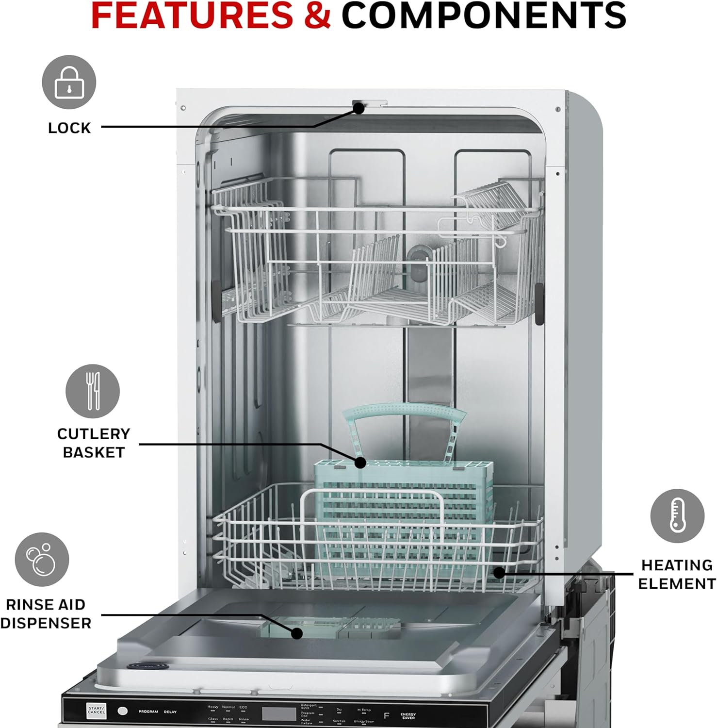 18 Inch Dishwasher with 8 Place settings, 6 Washing Programs, Stainless Steel Tub, UL/Energy Star- Stainless Steel - Image 5