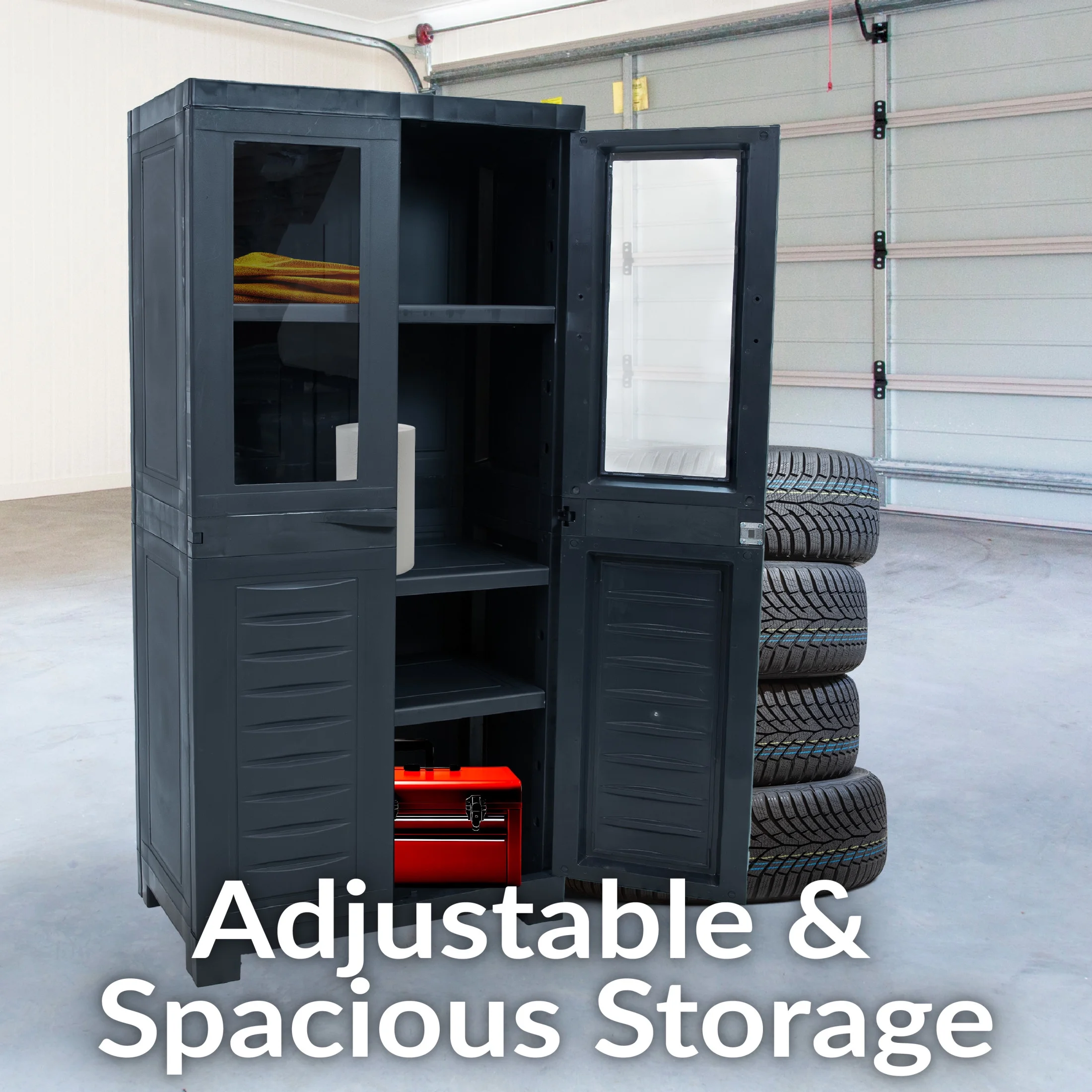 Sunnydaze Lockable Adjustable 48.75" Plastic 3-Shelf Freestanding Garage Storage Cabinet, Charcoal - Image 2