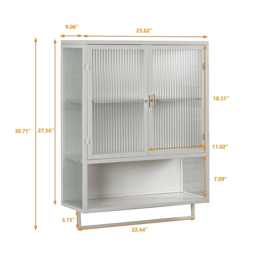 Tcbosik Modern Metal Wall Storage Cabinet with 2 Glass Door and Detachable Shelf, Open Shelf, and Towel Bar, Vintage Cabinet for Kitchen Dining, Bathroom, Living Room, White - Image 4