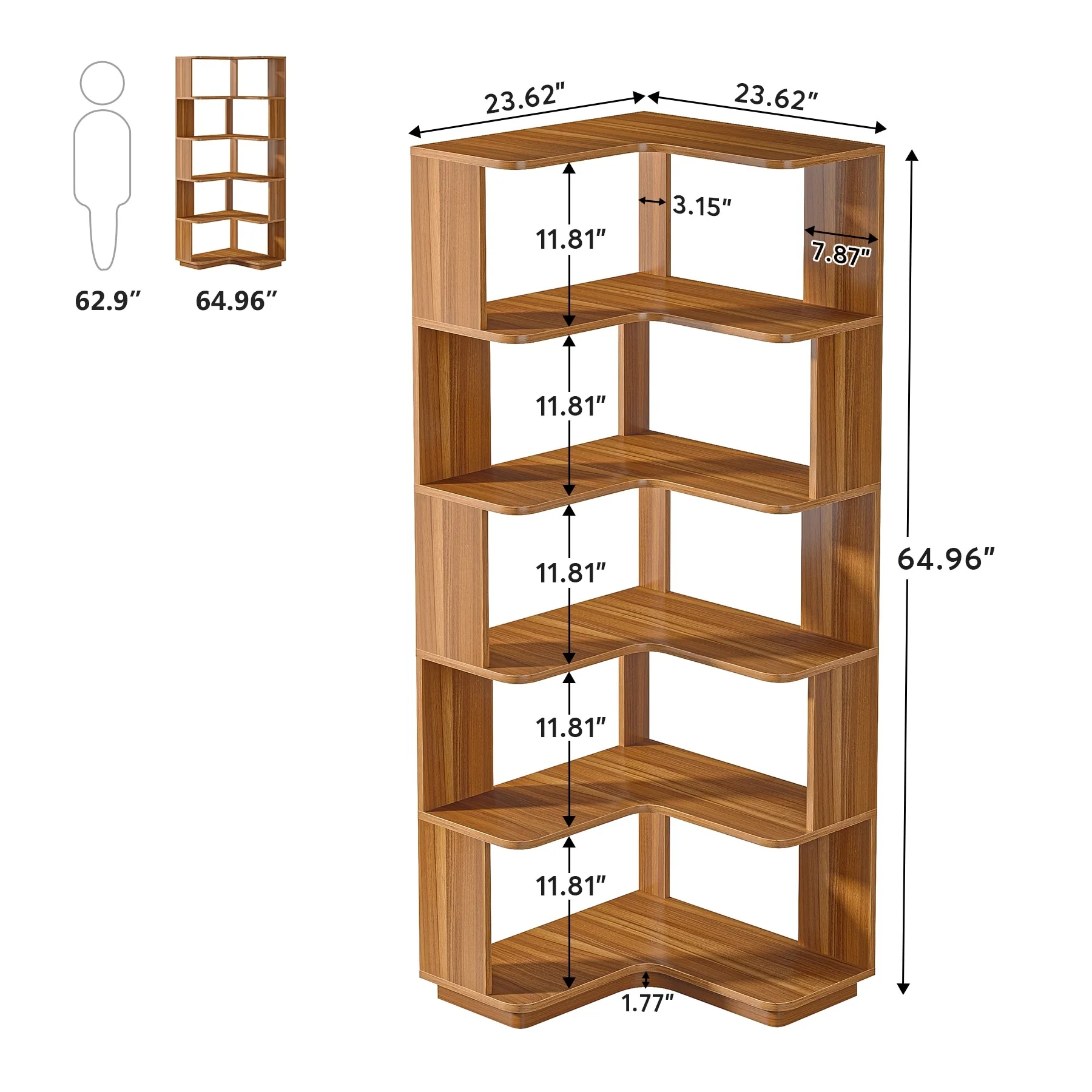 64.9 Inch Tall 6-Tier Corner Bookshelf, Freestanding Wood Industrial Bookcase - Image 19