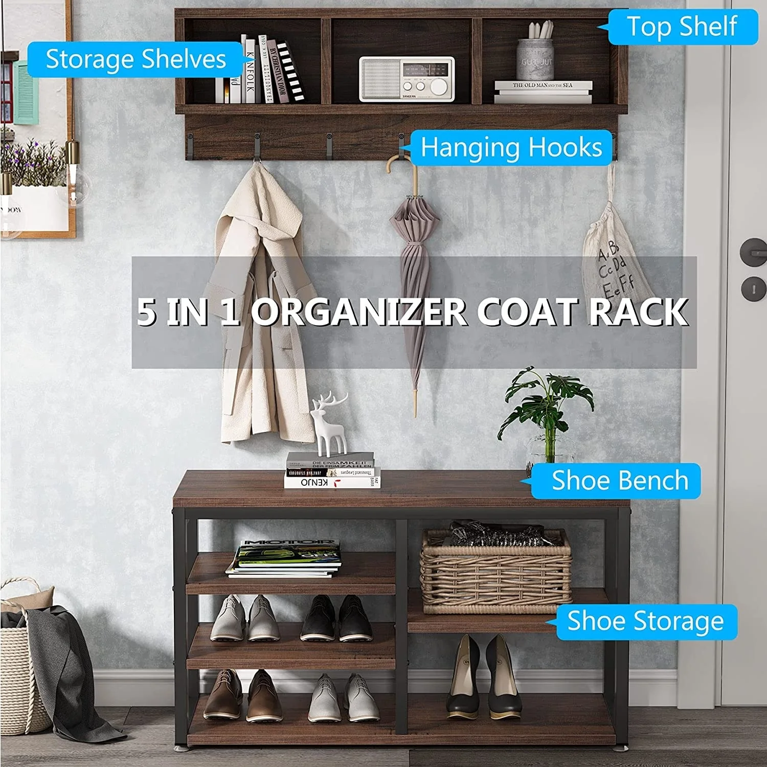 Entryway Coat Rack and Shoe Bench Set, Industrial Hall Tree with Coat and Shoe Storage - Image 14