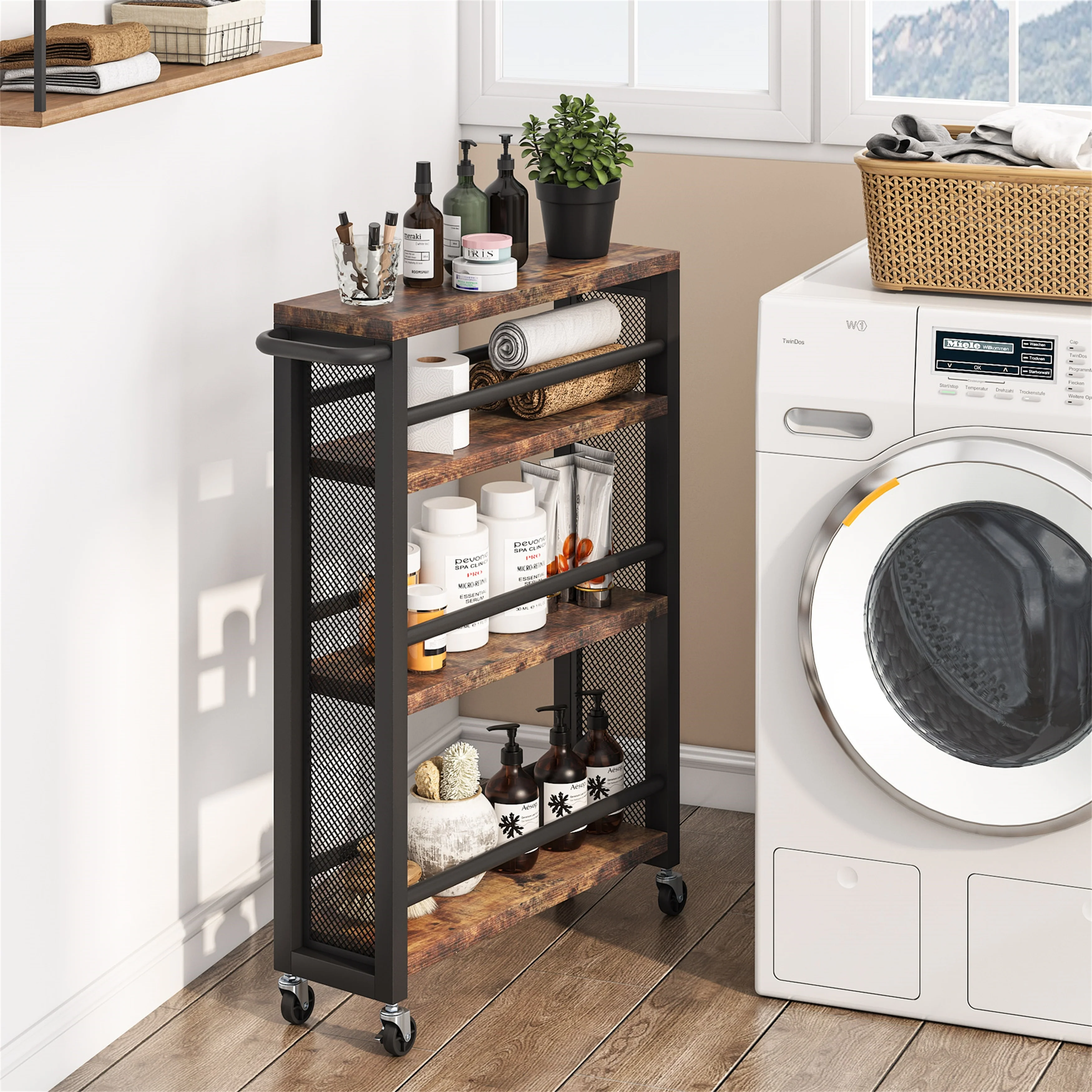 Brown 4-Tier Rolling Kitchen Storage Cart, Narrow Slim Utility Trolley with Wheels and Handle - Image 3