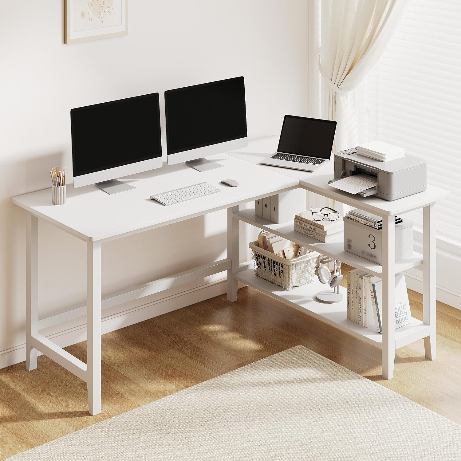 45" Reversible L-Shaped Office Desk with Storage Shelves, Walnut - Image 4