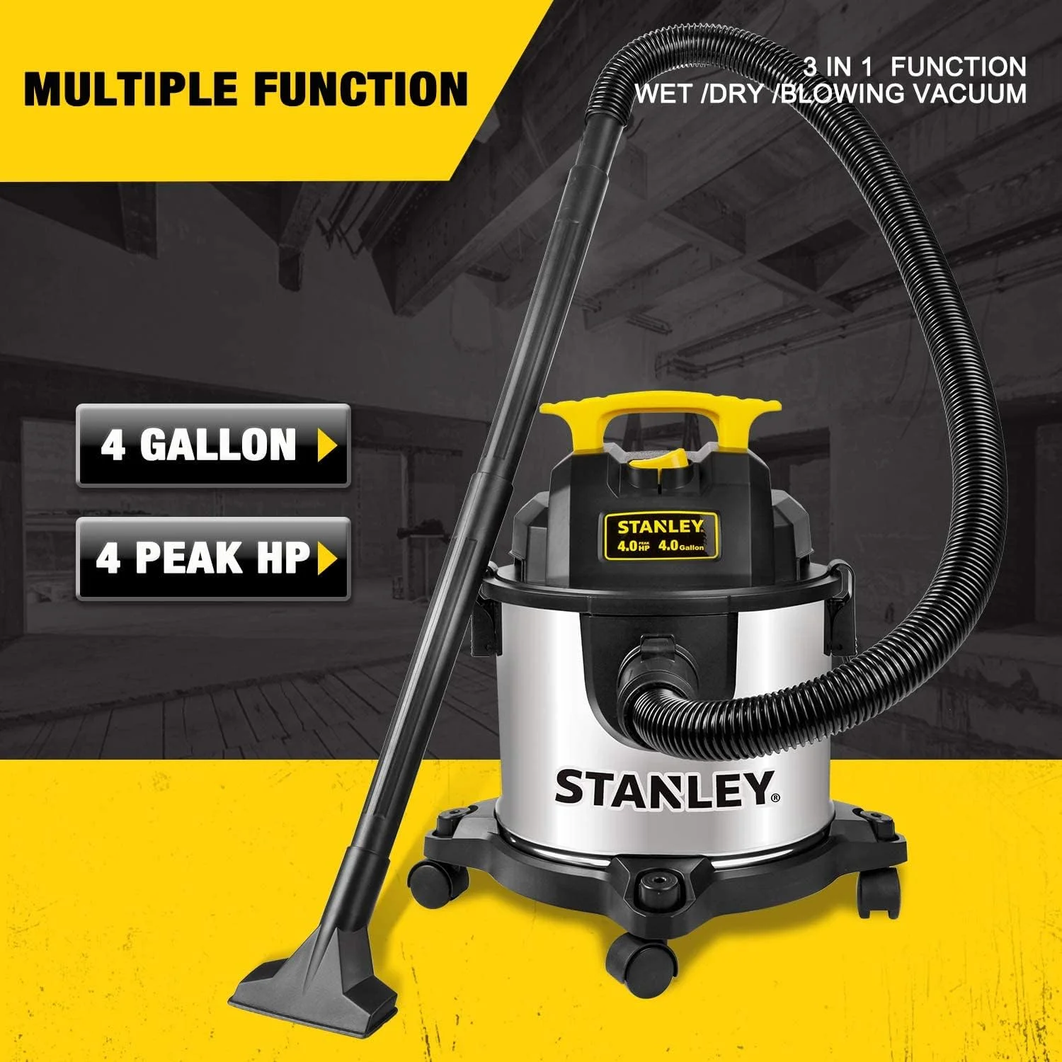 4 Gallon Wet Dry Vacuum, 4 Peak HP Stainless Steel 3 in 1 Shop Vacuum Blower with Powerful Suction, Vacuum for Job Site, Garage, Basement, Workshop, Top Handle, Portable Wet Dry Vac SL18301-4B - Image 4
