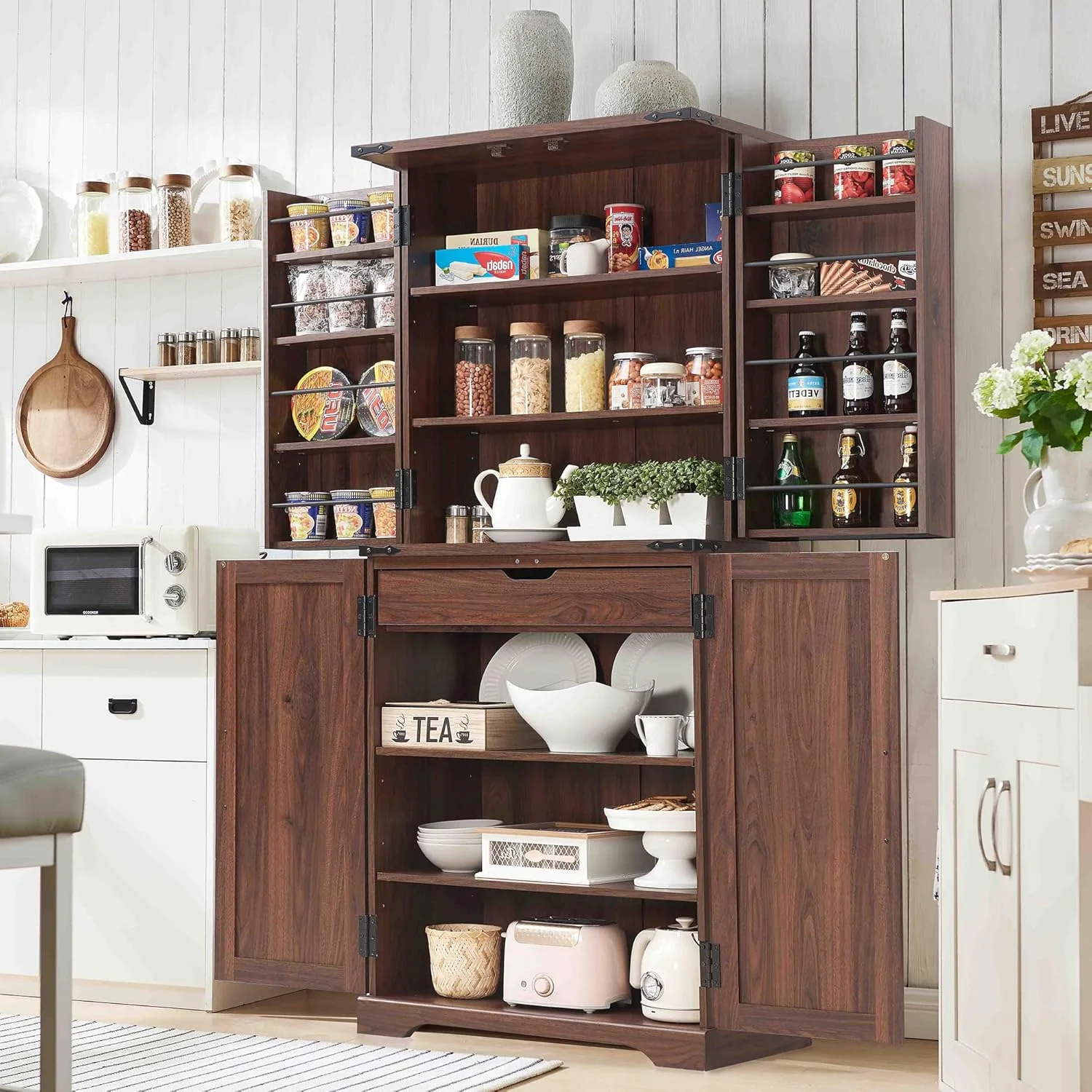 47" Kitchen Pantry, Farmhouse Storage Cabinet with Barn Doors, Organizer and Adjustable Shelves, Rustic Wood Cupboard for Kitchen, Dining Room, Bathroom and Hallway, Black - Image 34