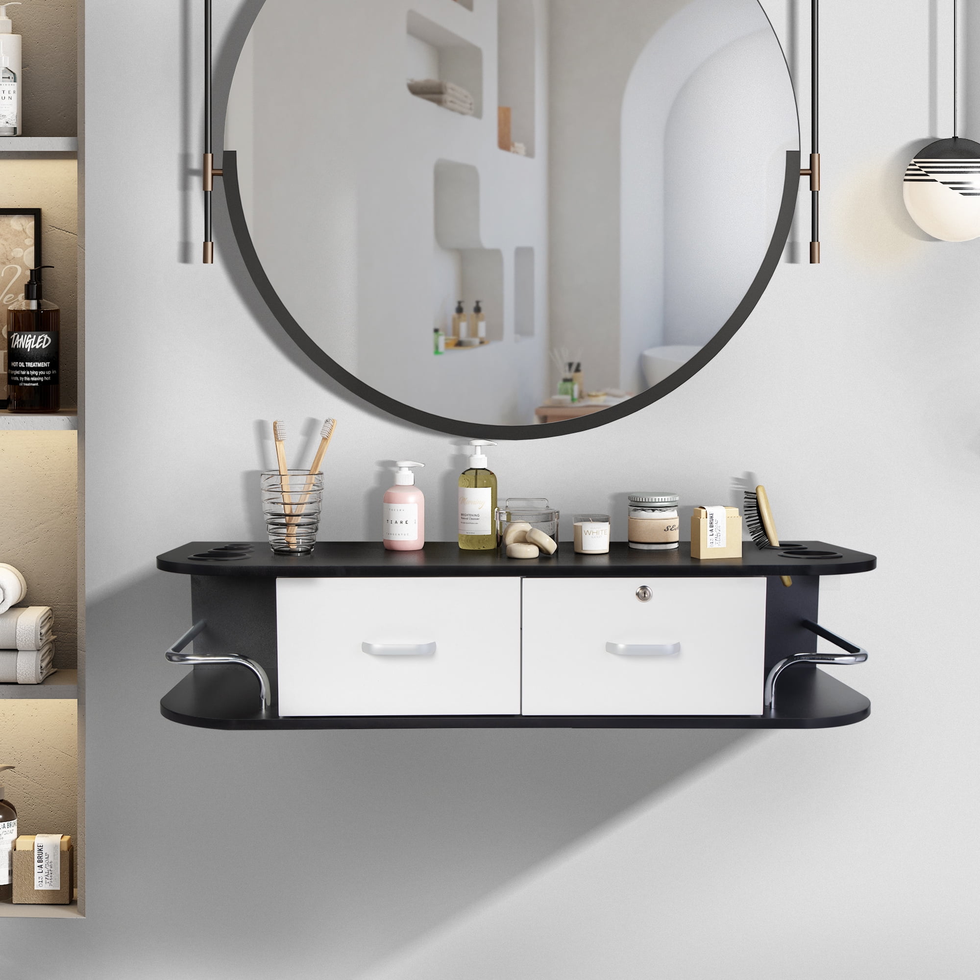 RESHABLE Modern Wall-Mounted Salon Station Barber Cabinet with Locking Drawer Storage Table for Hair Stylist Black - Image 28