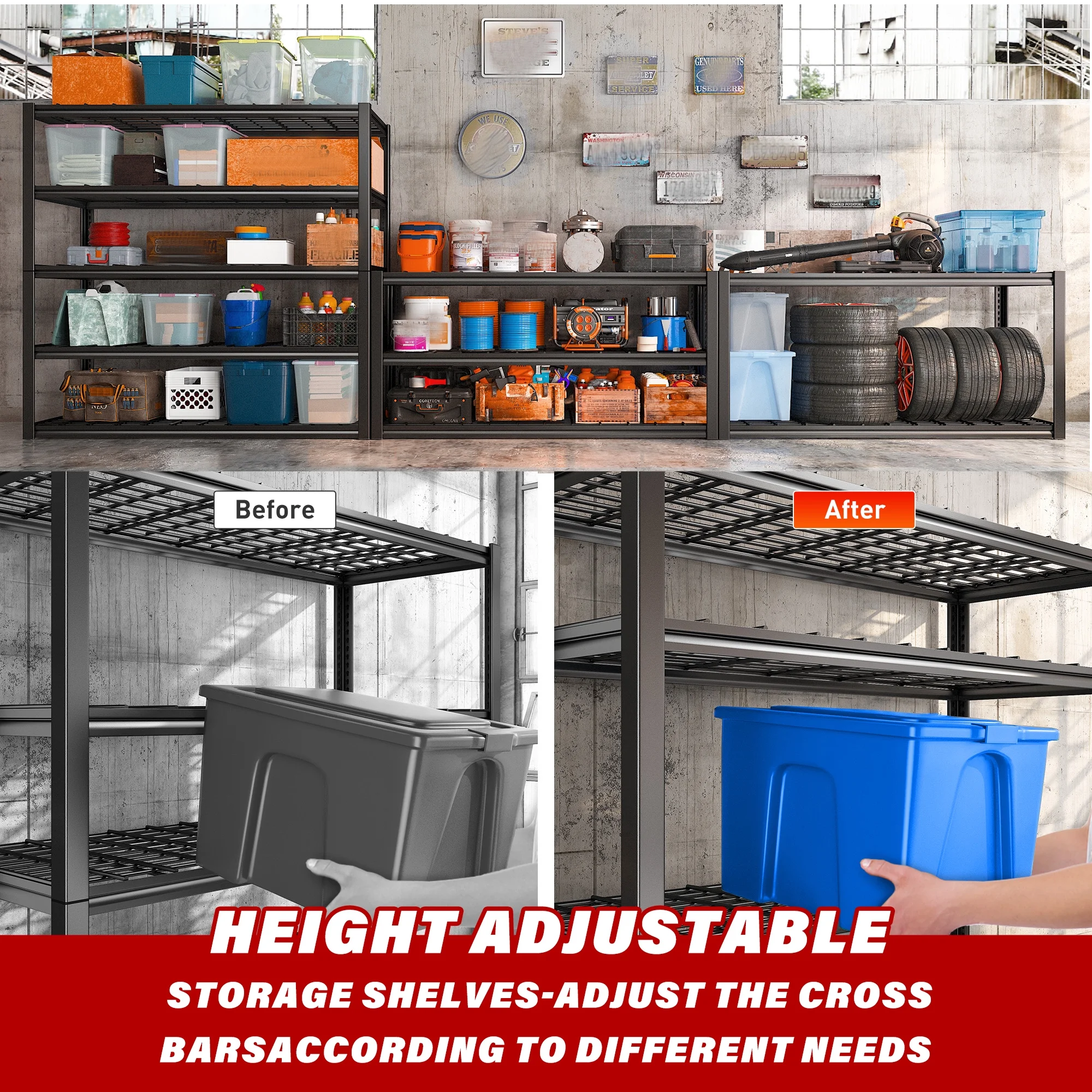 REIBII 48.2"W Garage Shelving Heavy Duty 3000LBS Storage Shelves Adjustable 5 Tier Metal Shelving,48.2''L X 24.5''W X 72''H - Image 10