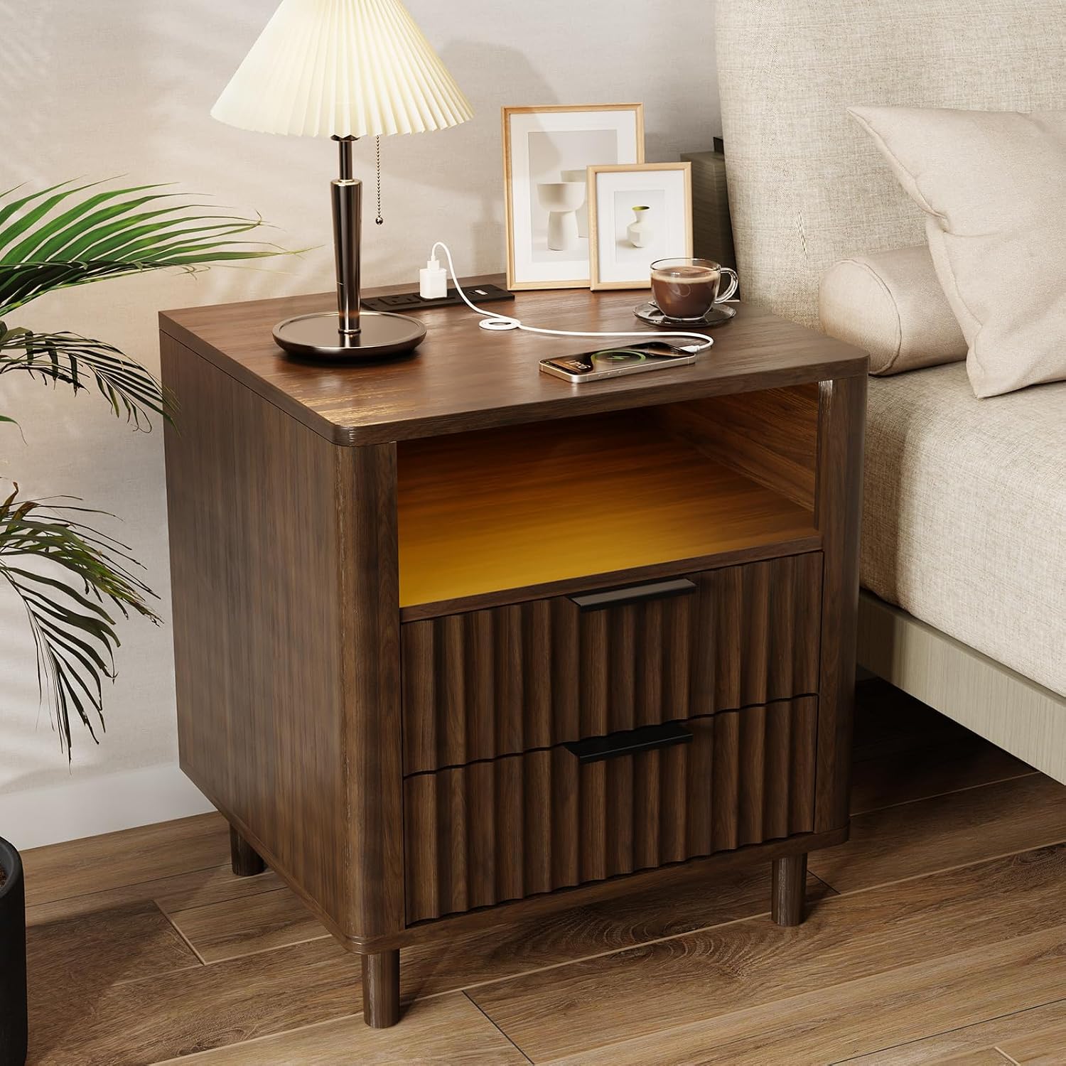 Fluted Nightstand with Charging Station, 2 Drawers Oak - Image 3